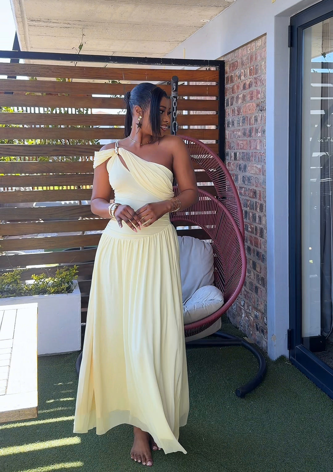 Selene Asymmetric Ruched Maxi Dress Yellow