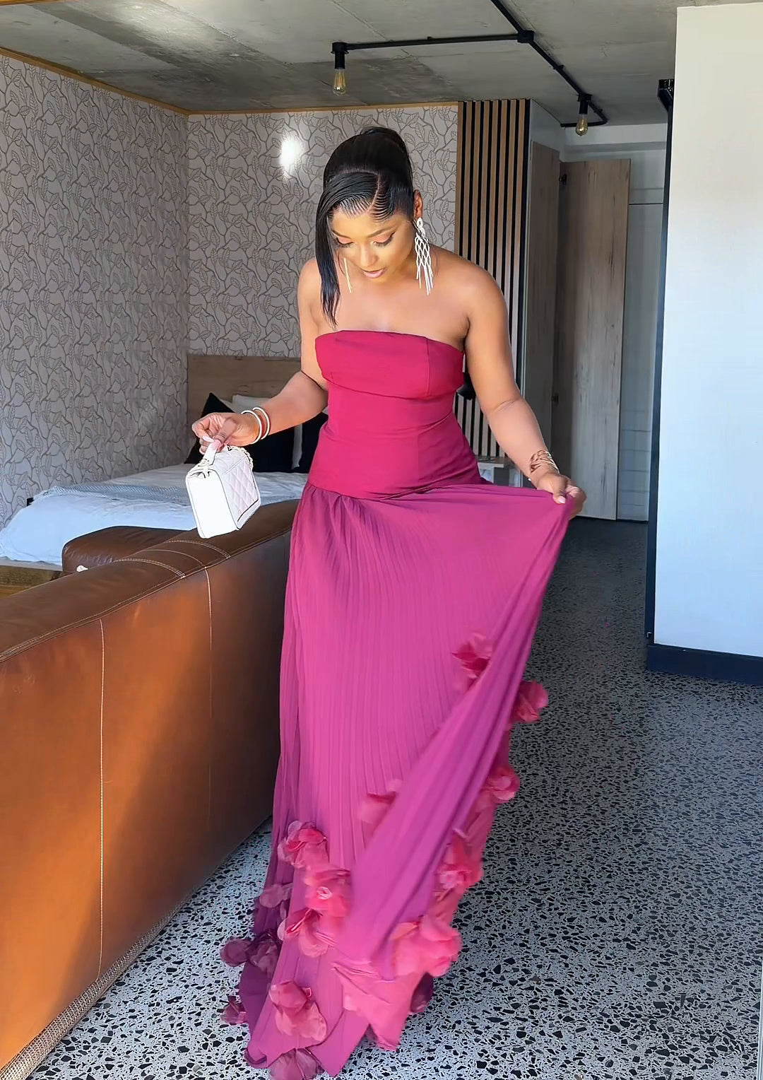 Royale Pleated Flower Hem Gown Burgundy