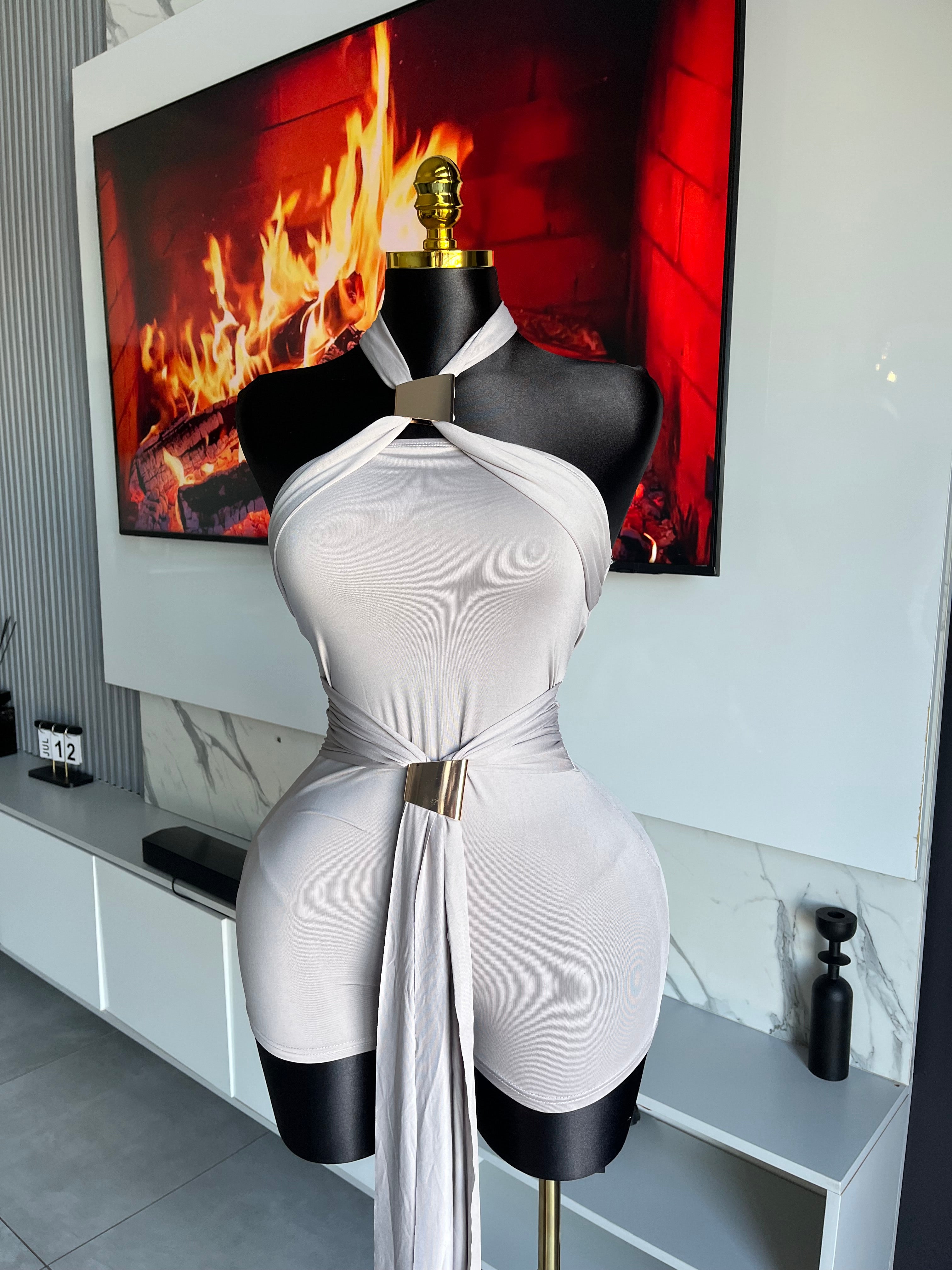 Oralee Halter Drape Romper Grey