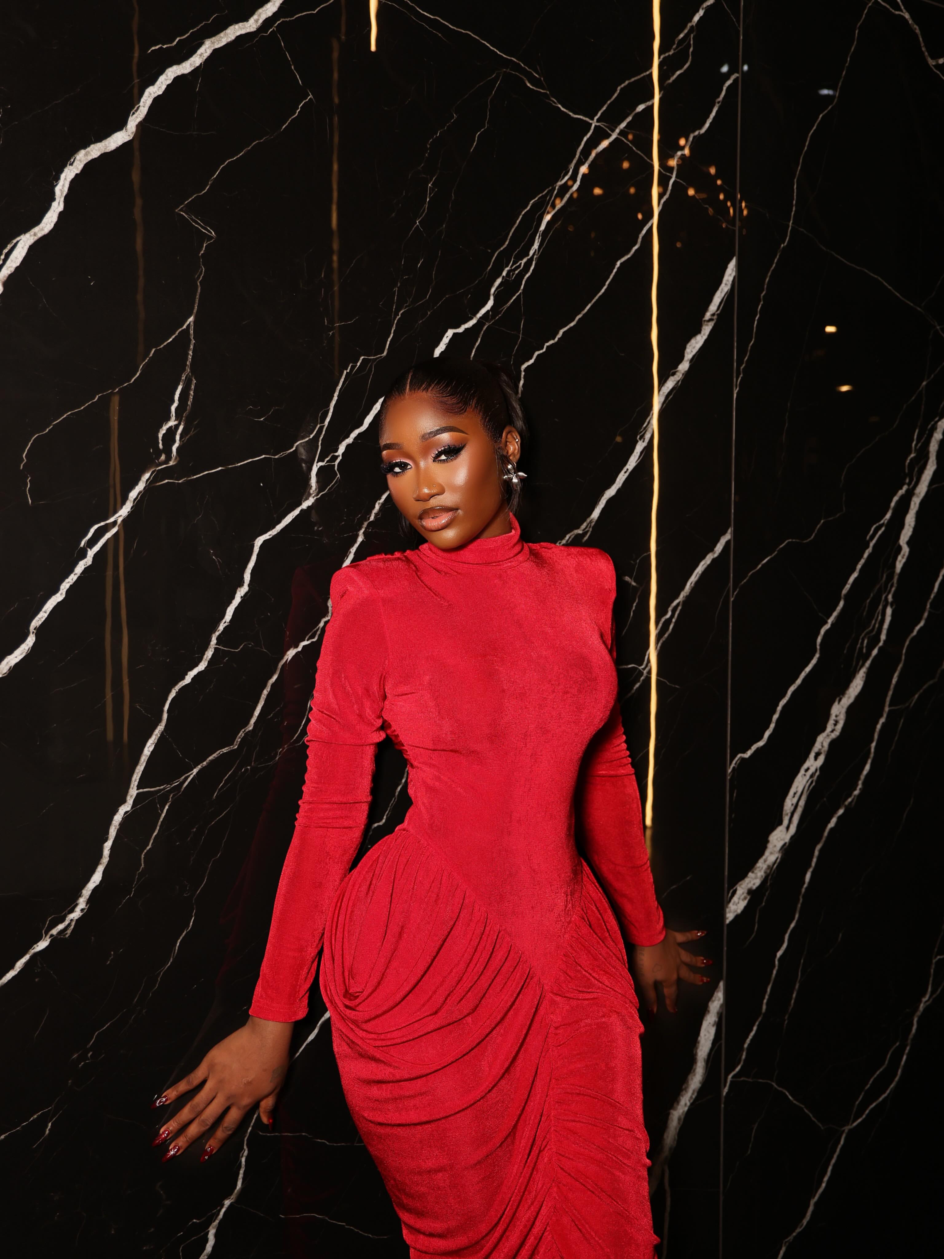 Odette Ruched High-Neck Maxi Dress Red