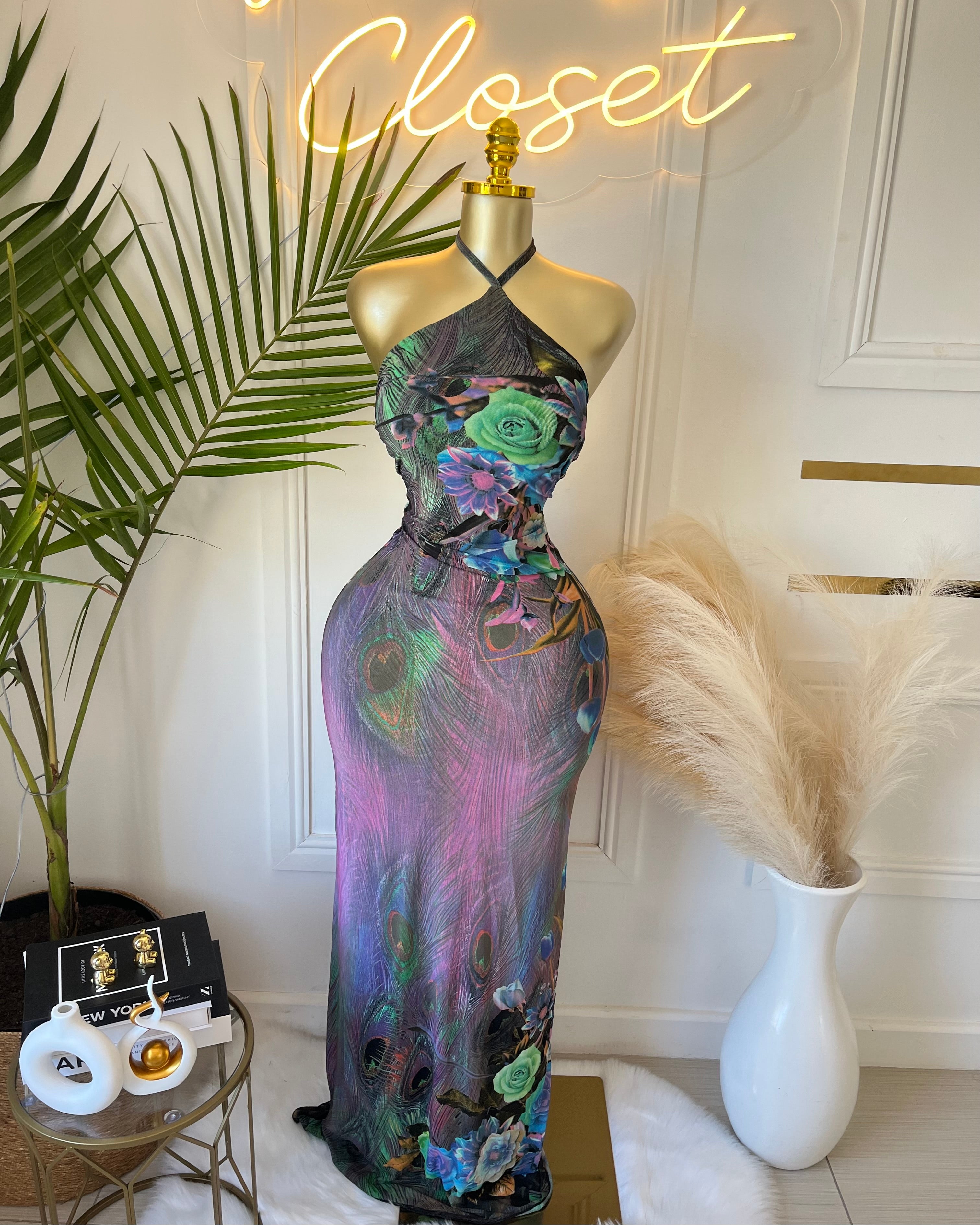 Aurelia Peacock Mesh Maxi Dress