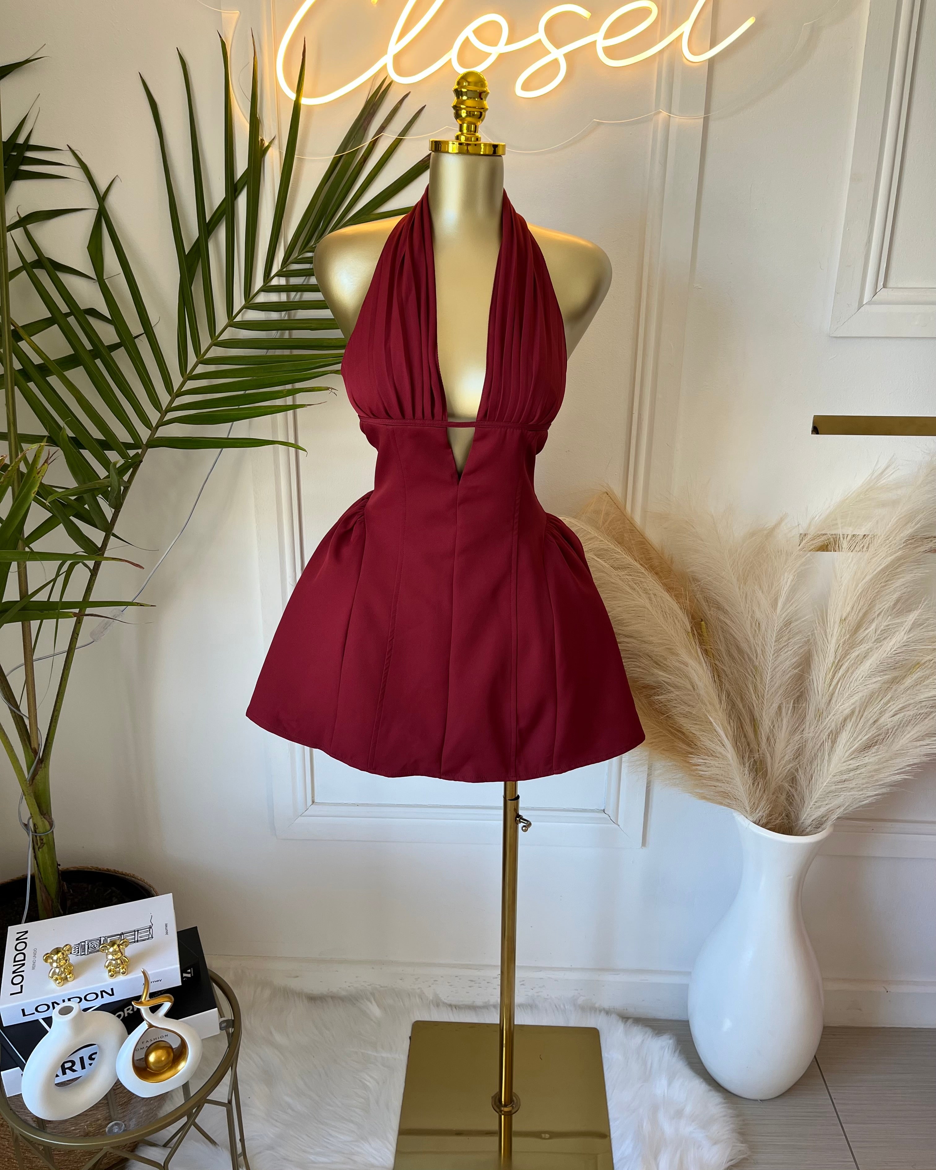 Reanna Burgundy Halter Skater Mini Dress