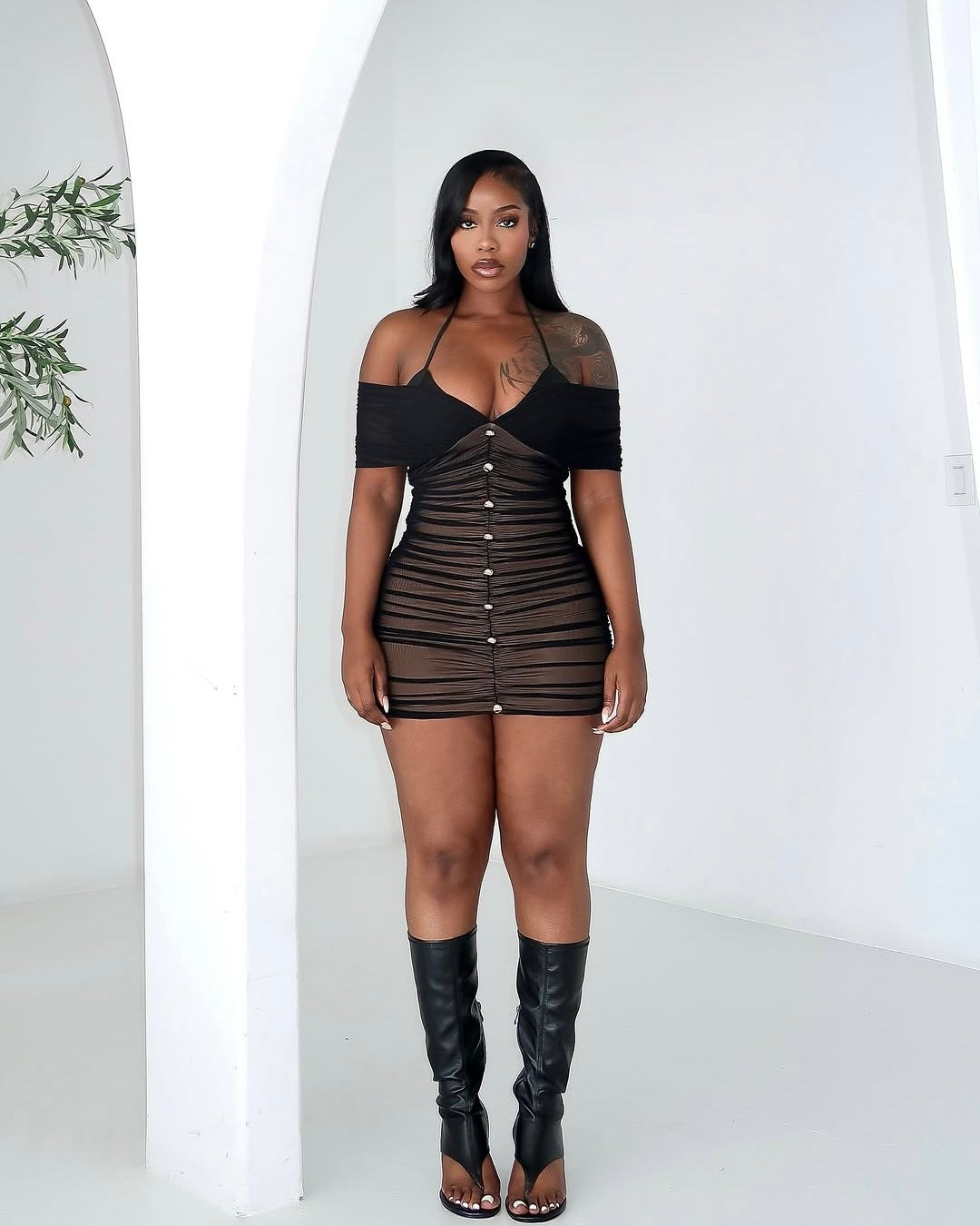 Serene Ruched Mini Dress Black