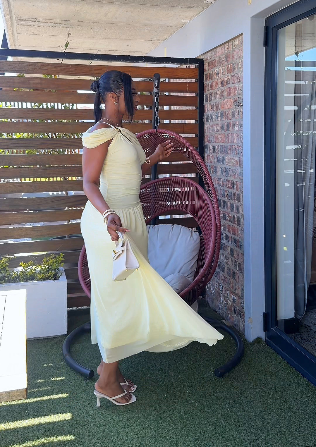 Selene Asymmetric Ruched Maxi Dress Yellow