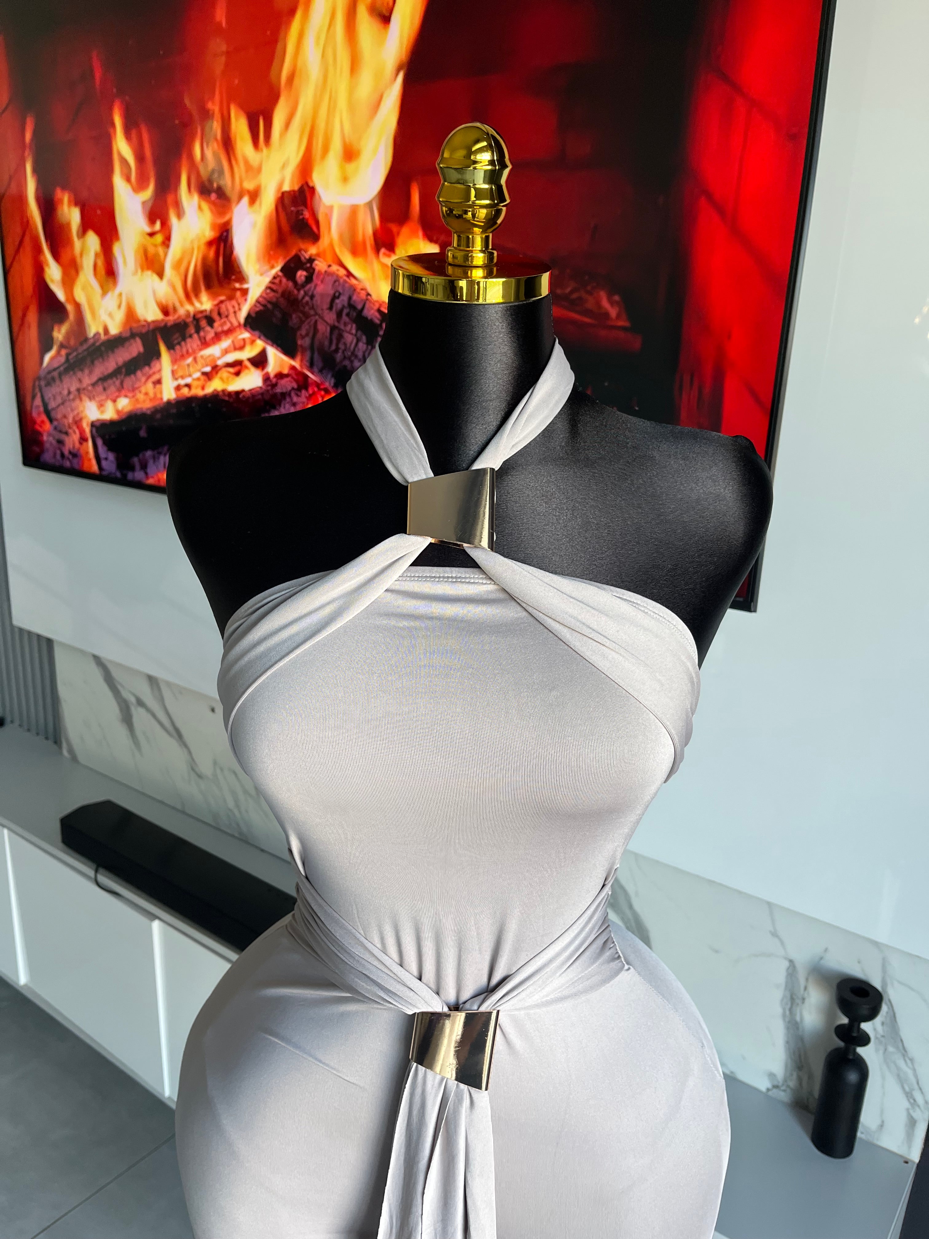 Oralee Halter Drape Romper Grey