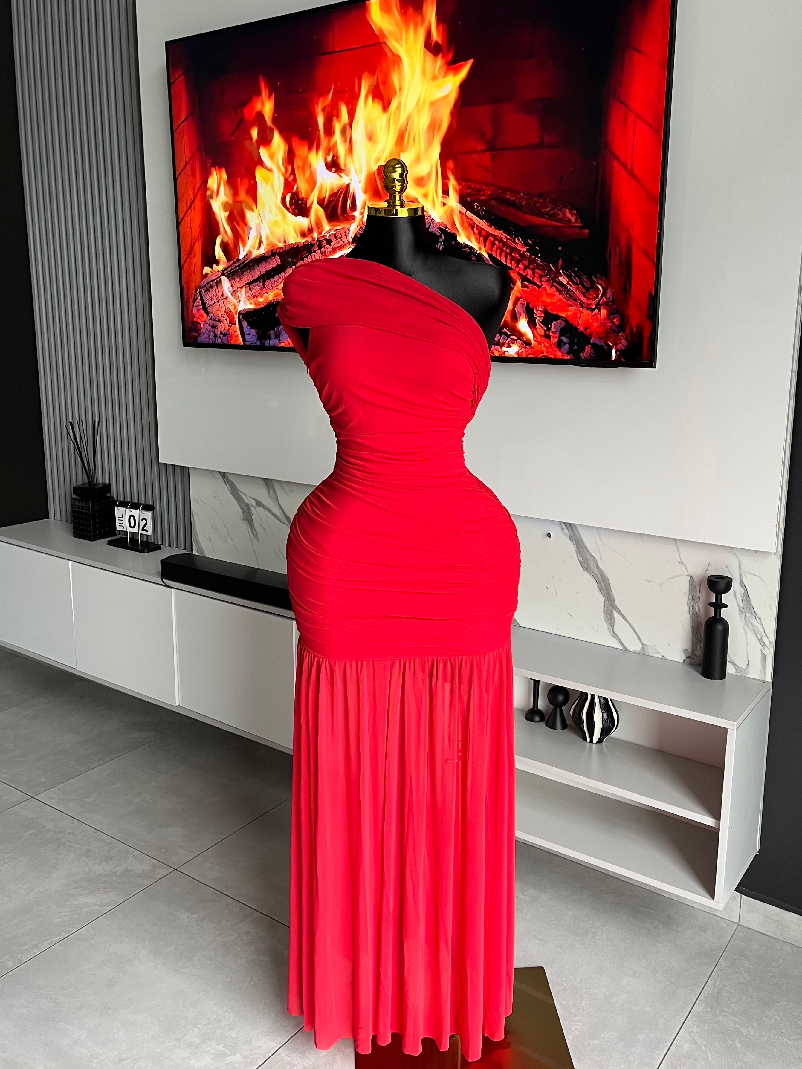 Kendall One-Shoulder Ruched Maxi Dress Red