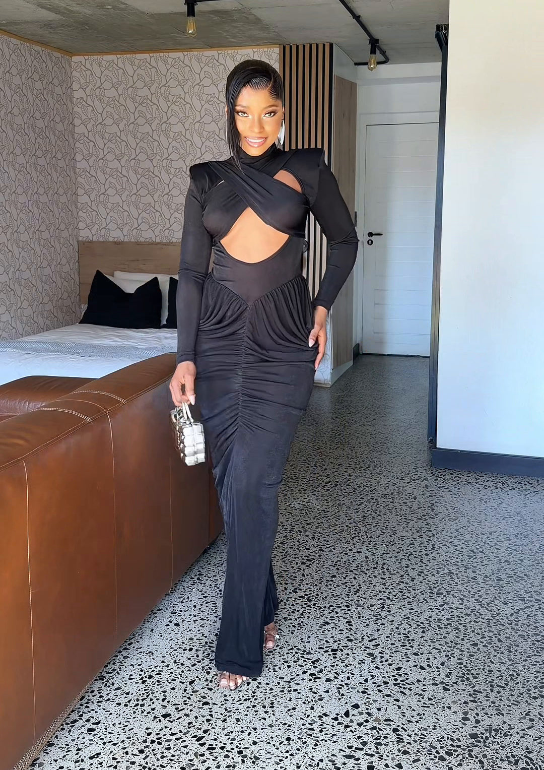 Odette Ruched High-Neck Maxi Dress Black