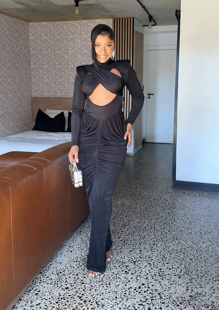 Odette Ruched High-Neck Maxi Dress Black