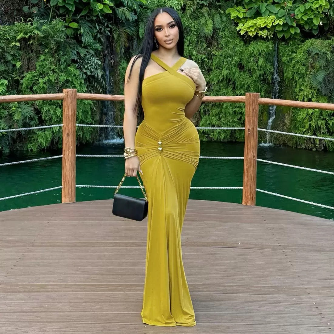 Zariah Olive Ruched Maxi Dress