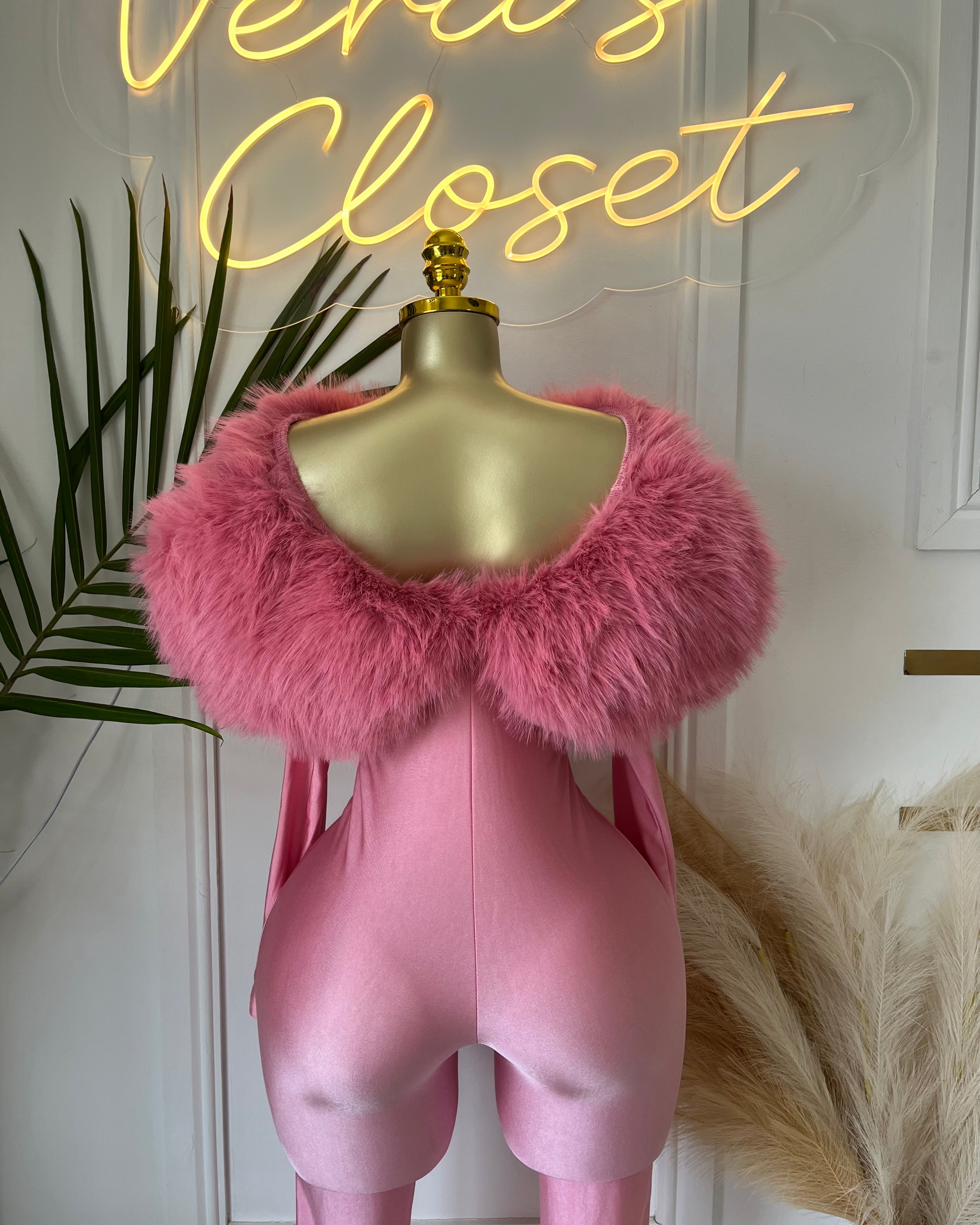 Really Pink Feather Trim Jumpsuit