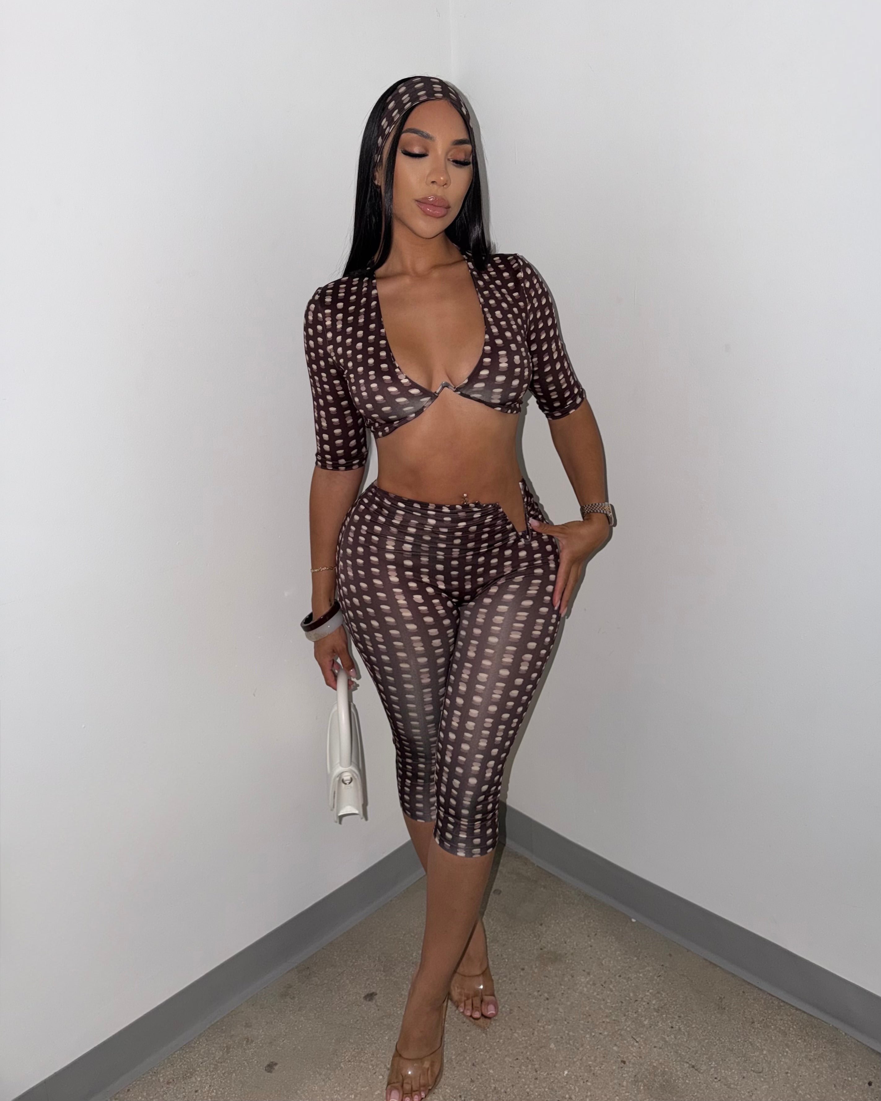 Mocha Print Cut-Out Capri Set Brown