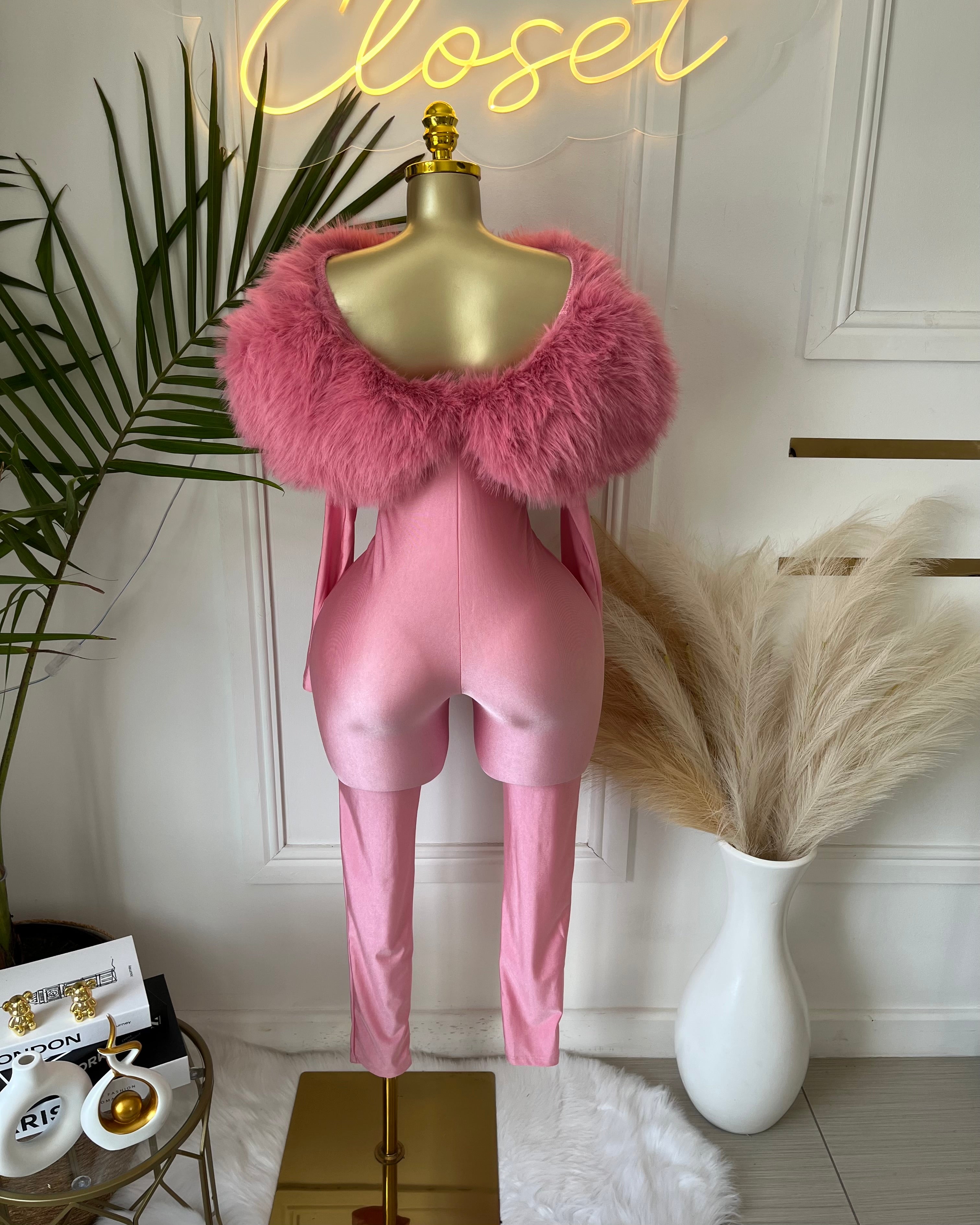 Really Pink Feather Trim Jumpsuit
