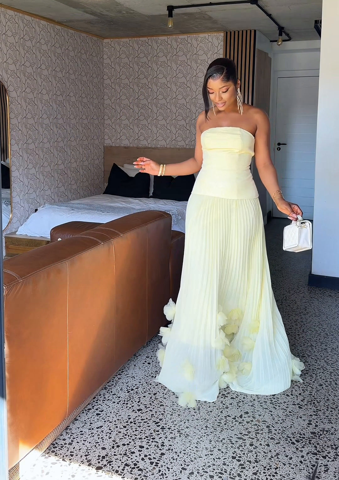 Royale Pleated Flower Hem Gown Yellow