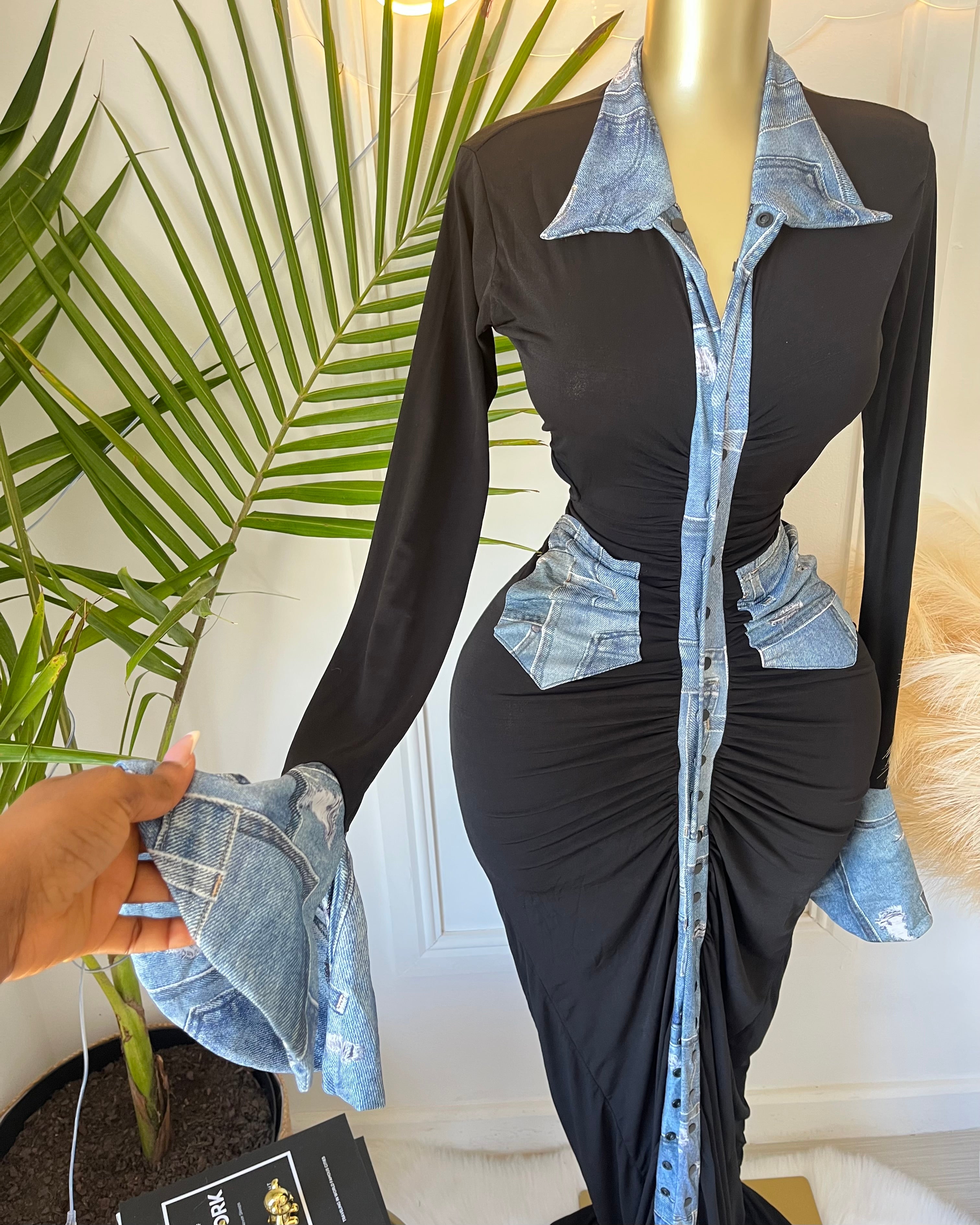 Elara Denim-Trim Sculpted Maxi Dress