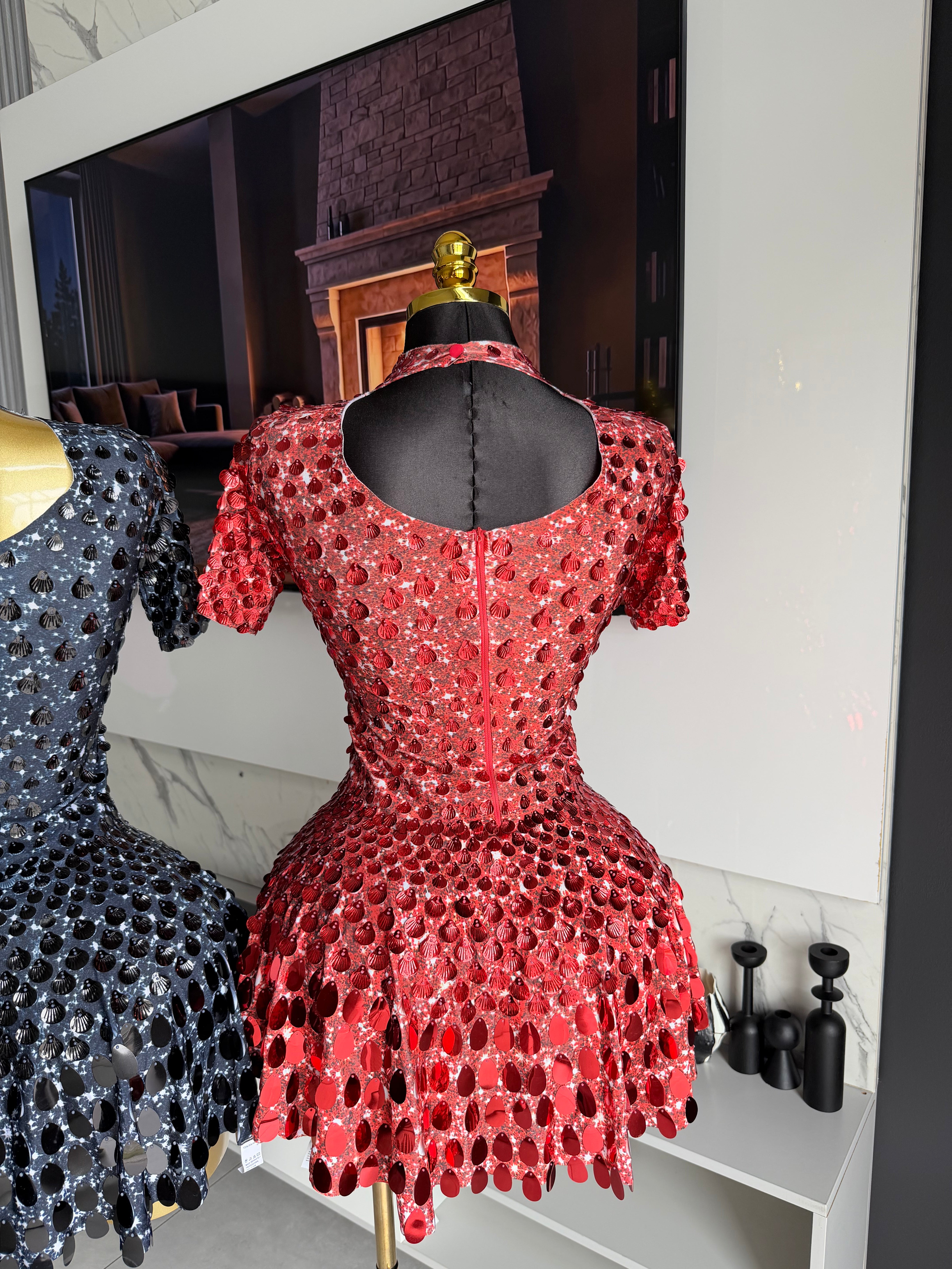 Godiva Mirror Embellished Mini Dress Red