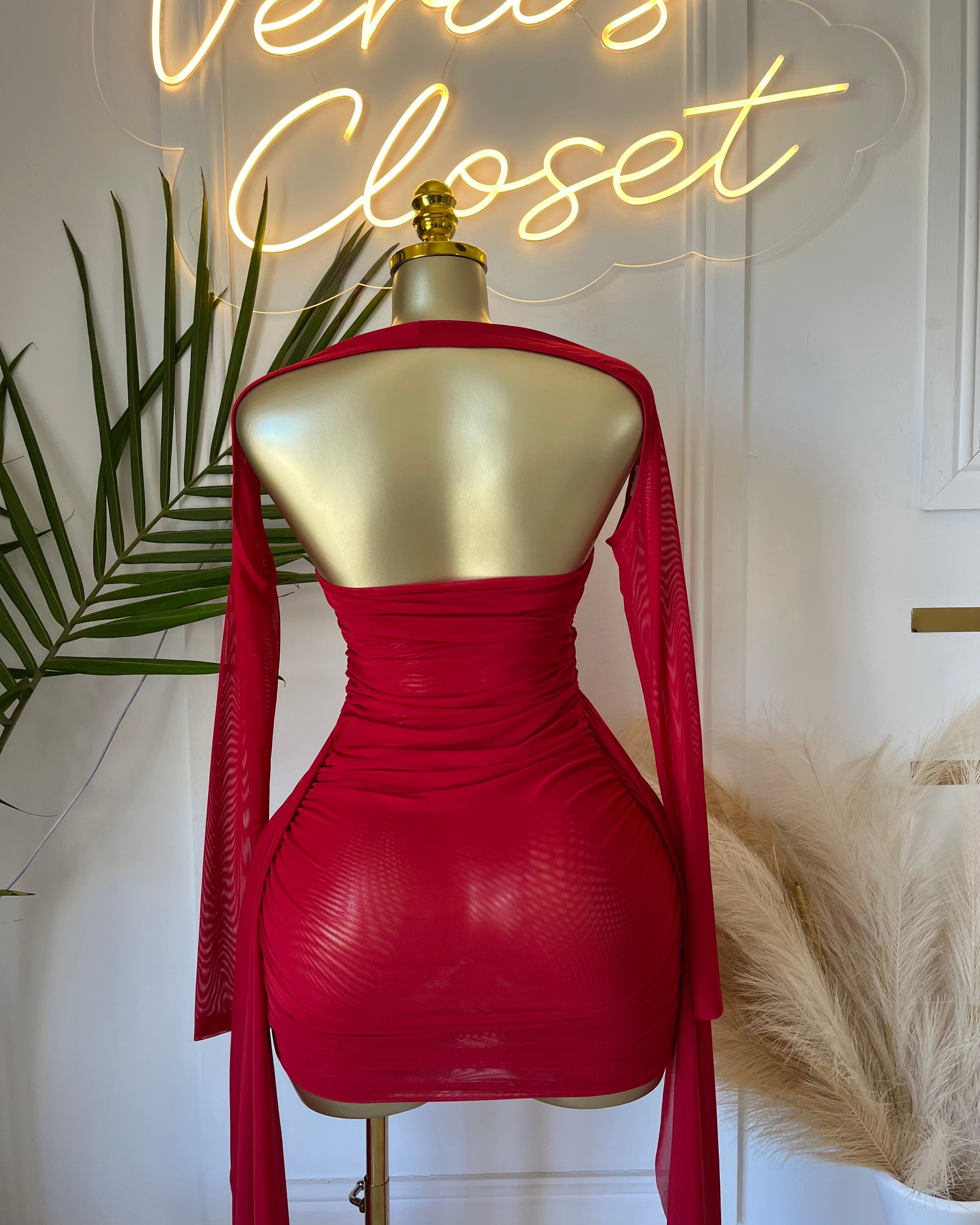 Oluna Sheer Draped Mini Dress Red