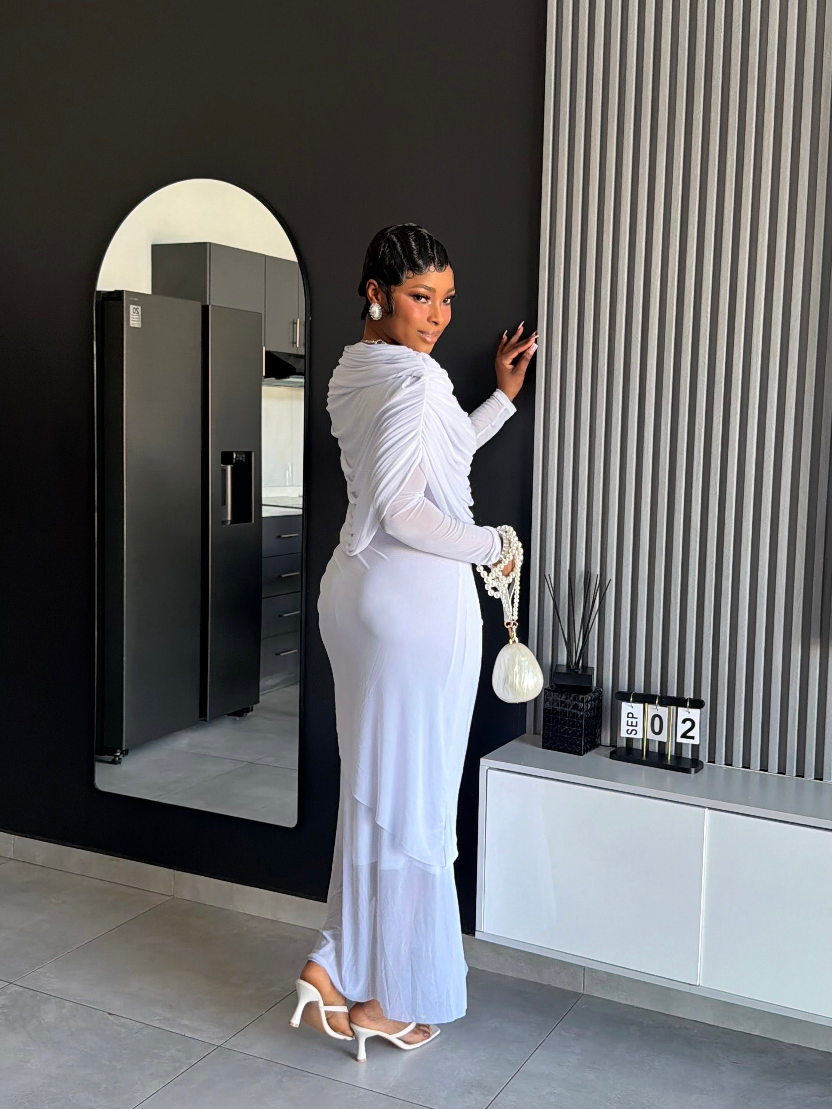 Elaris Draped Pearl Maxi Dress