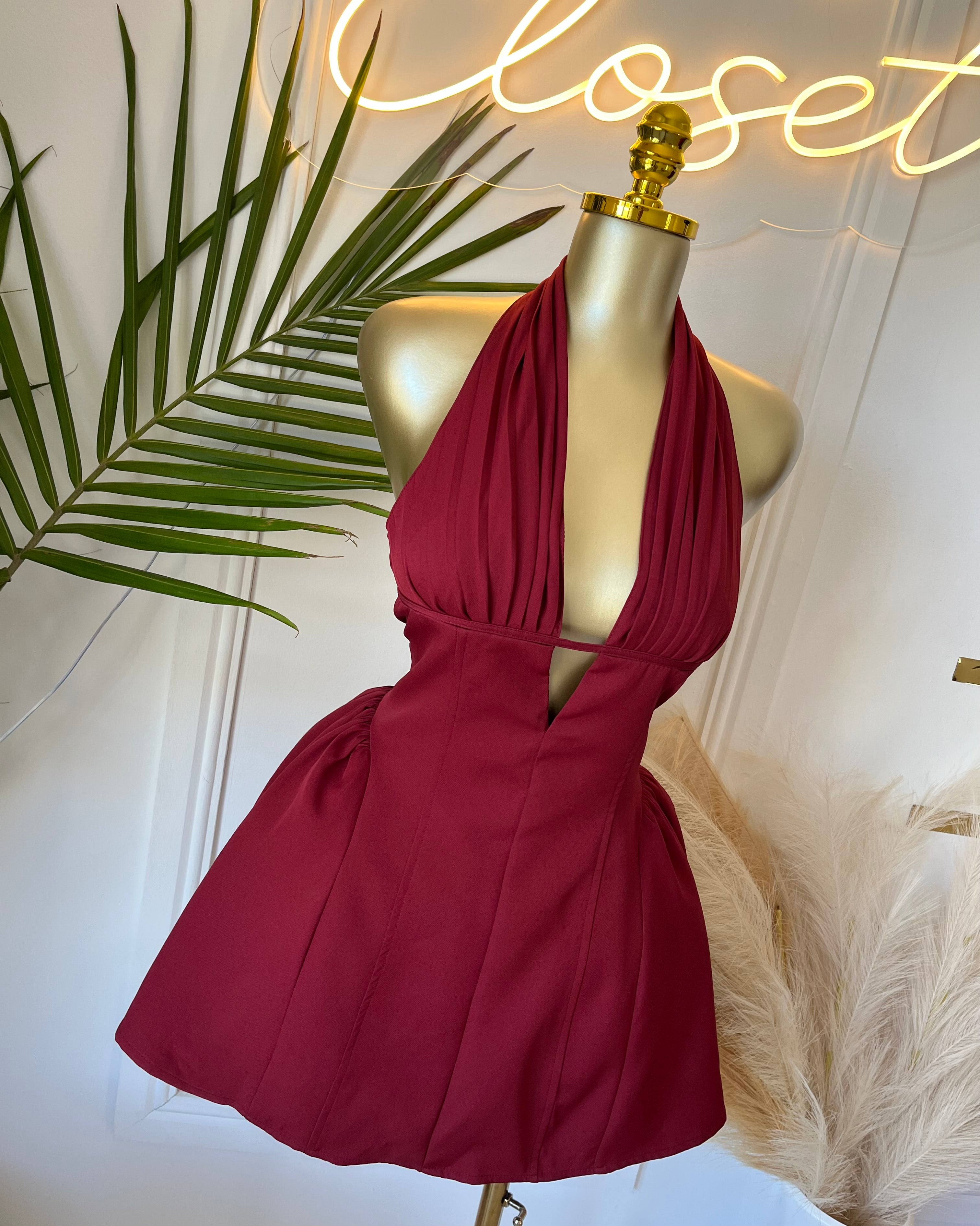 Reanna Burgundy Halter Skater Mini Dress