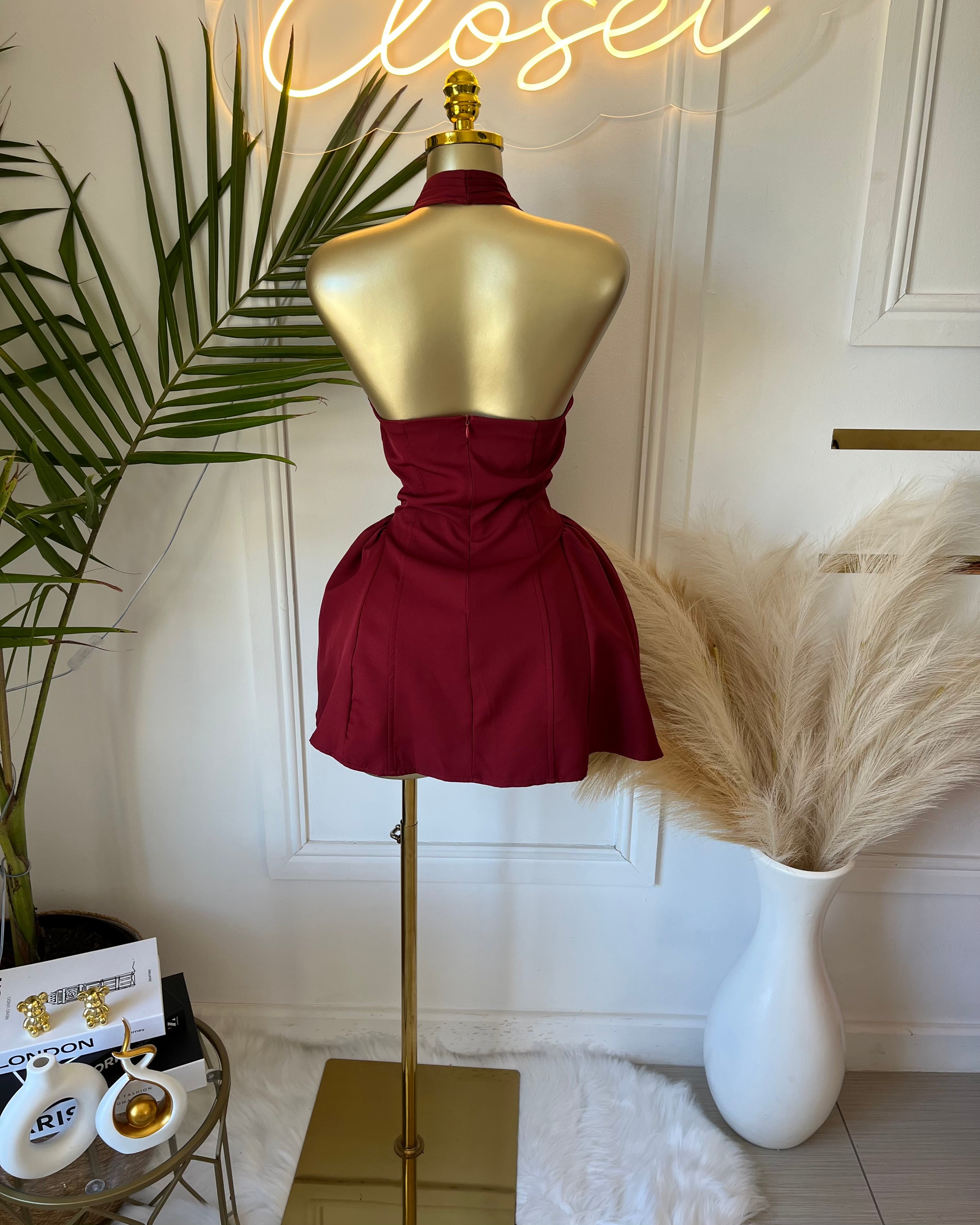 Reanna Burgundy Halter Skater Mini Dress