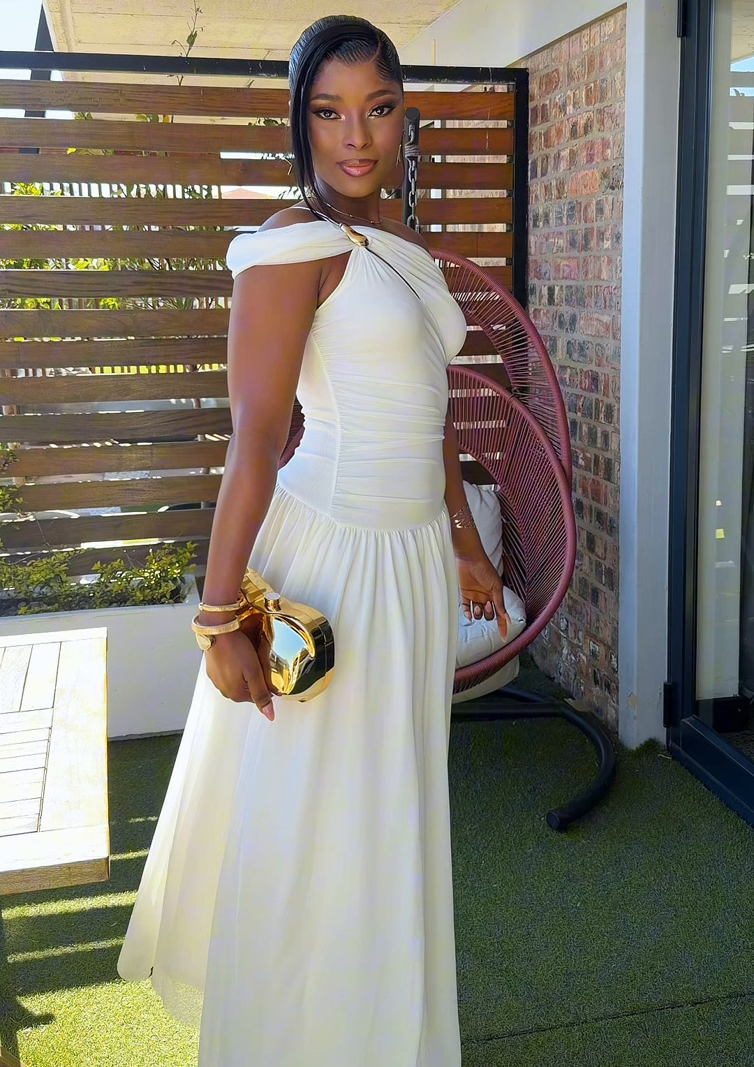 Selene Asymmetric Ruched Maxi Dress White