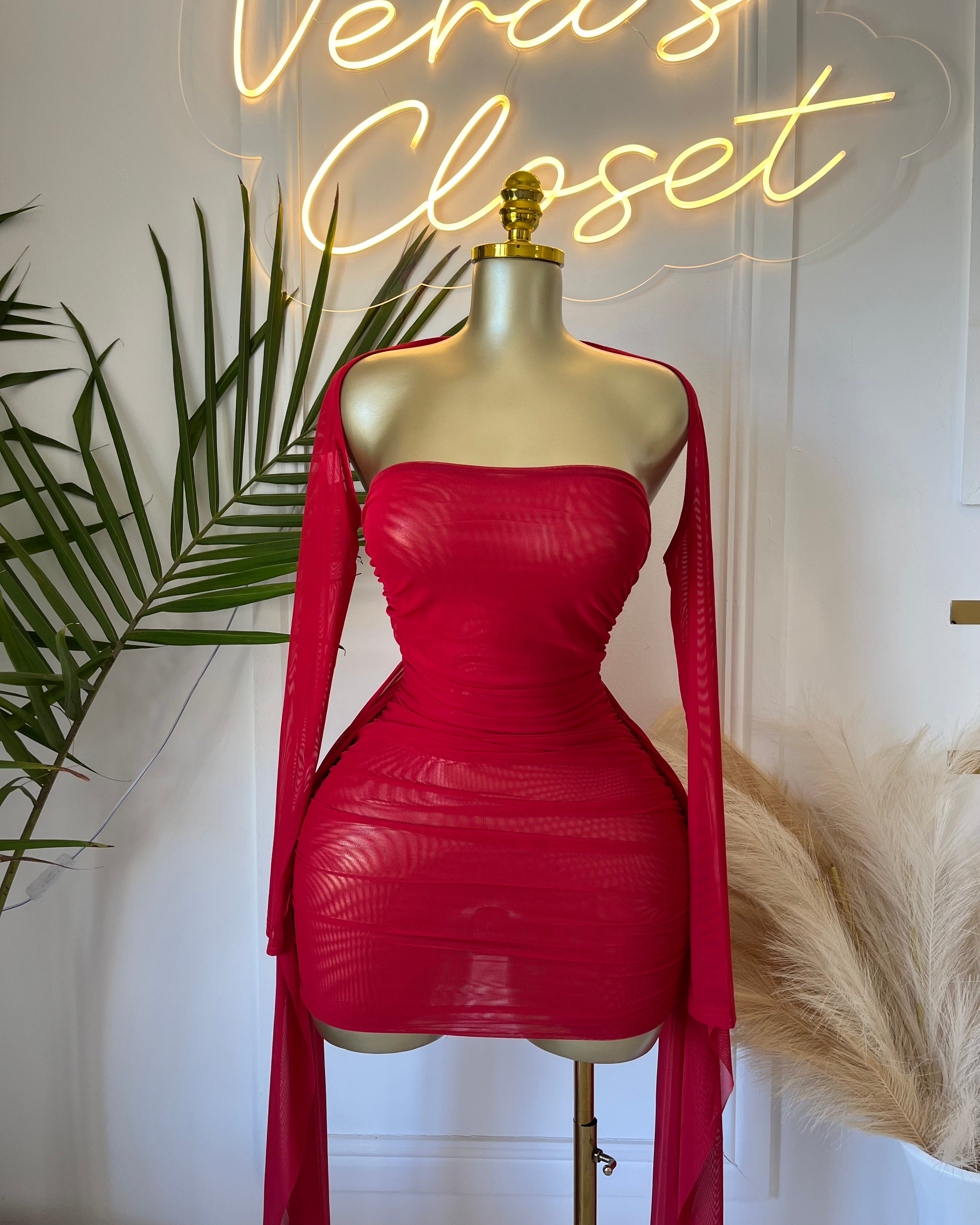 Oluna Sheer Draped Mini Dress Red