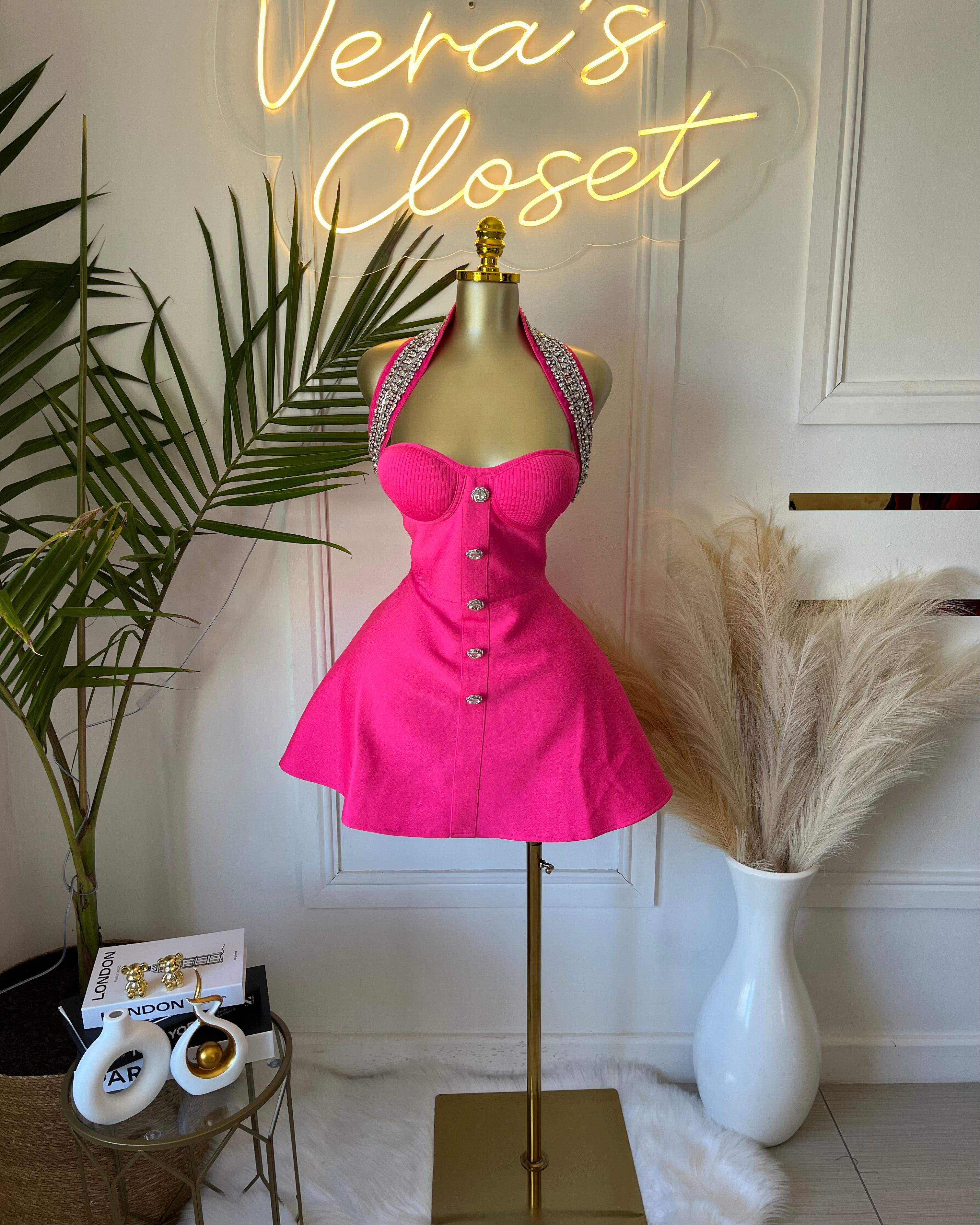 Vera Hot Pink Embellished Halter Mini Dress