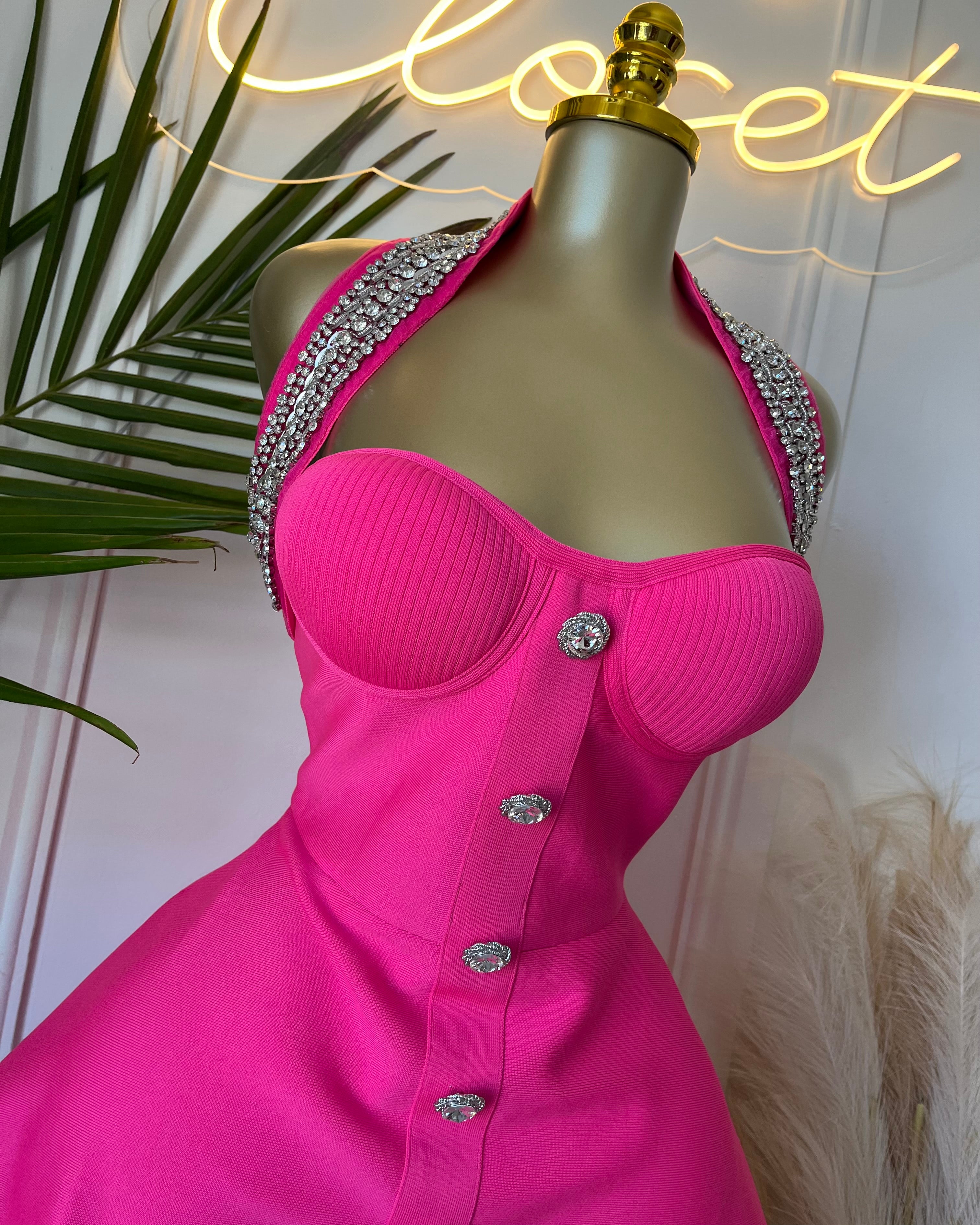 Vera Hot Pink Embellished Halter Mini Dress