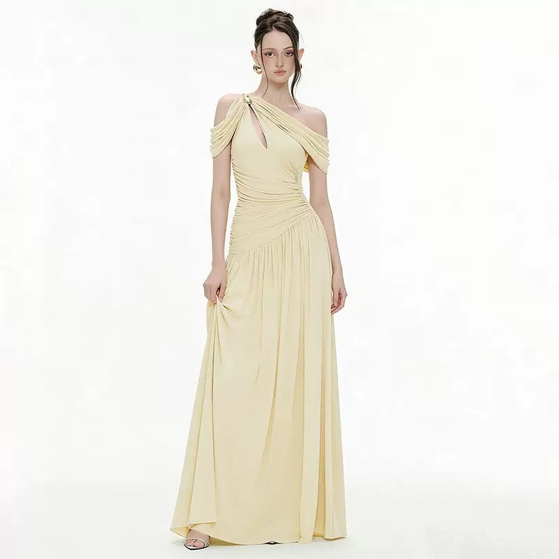 Selene Asymmetric Ruched Maxi Dress Yellow