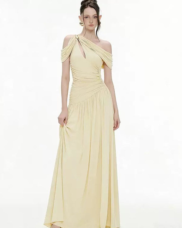 Selene Asymmetric Ruched Maxi Dress Yellow