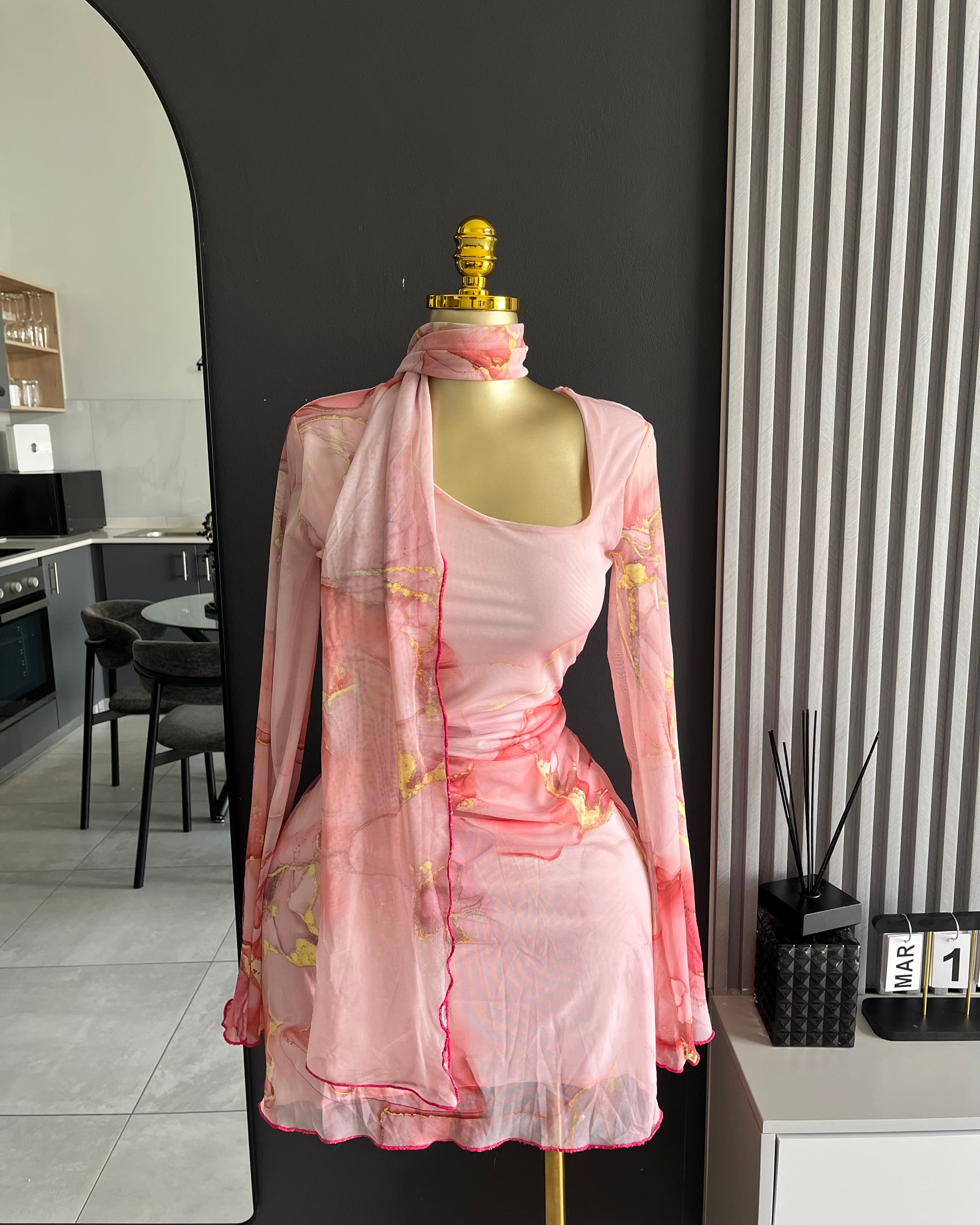 Blush Muse Mesh Mini Dress with Scarf