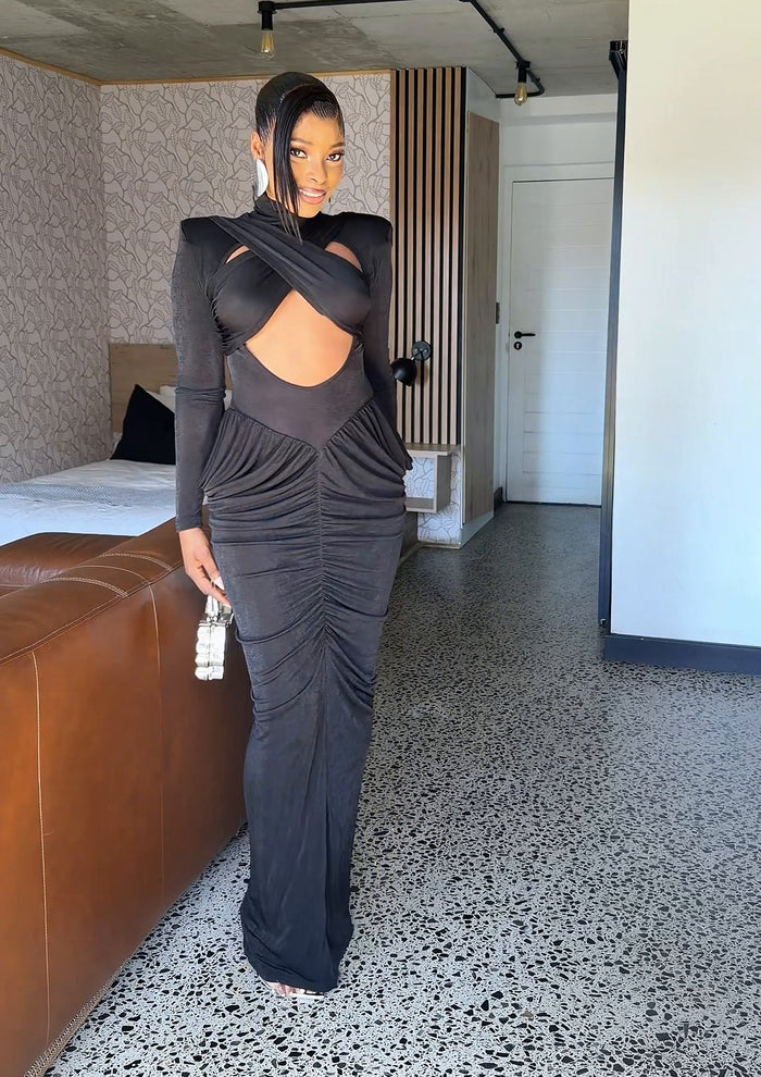 Odette Ruched High-Neck Maxi Dress Black