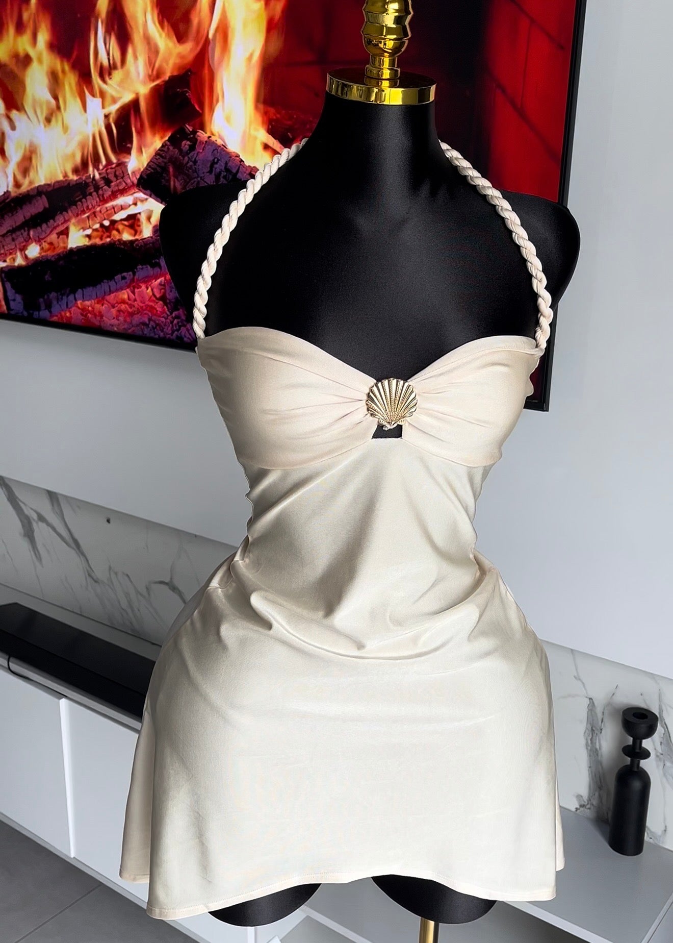 Jolie Shell-Detail Halter Mini Dress