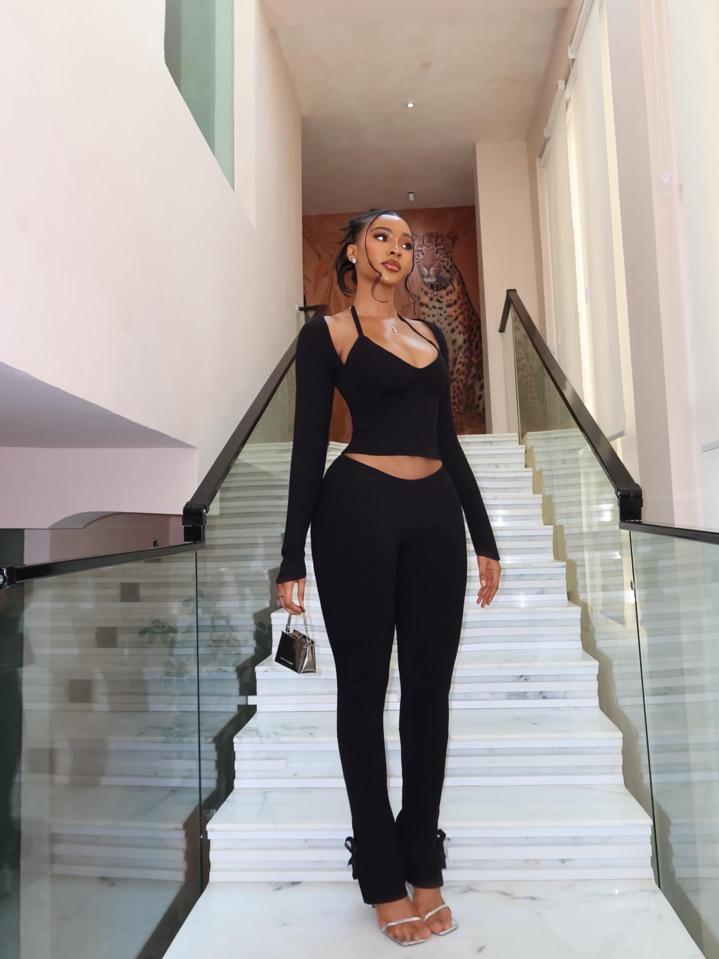 Ivana Plunge Crop Top & Pants Set Black