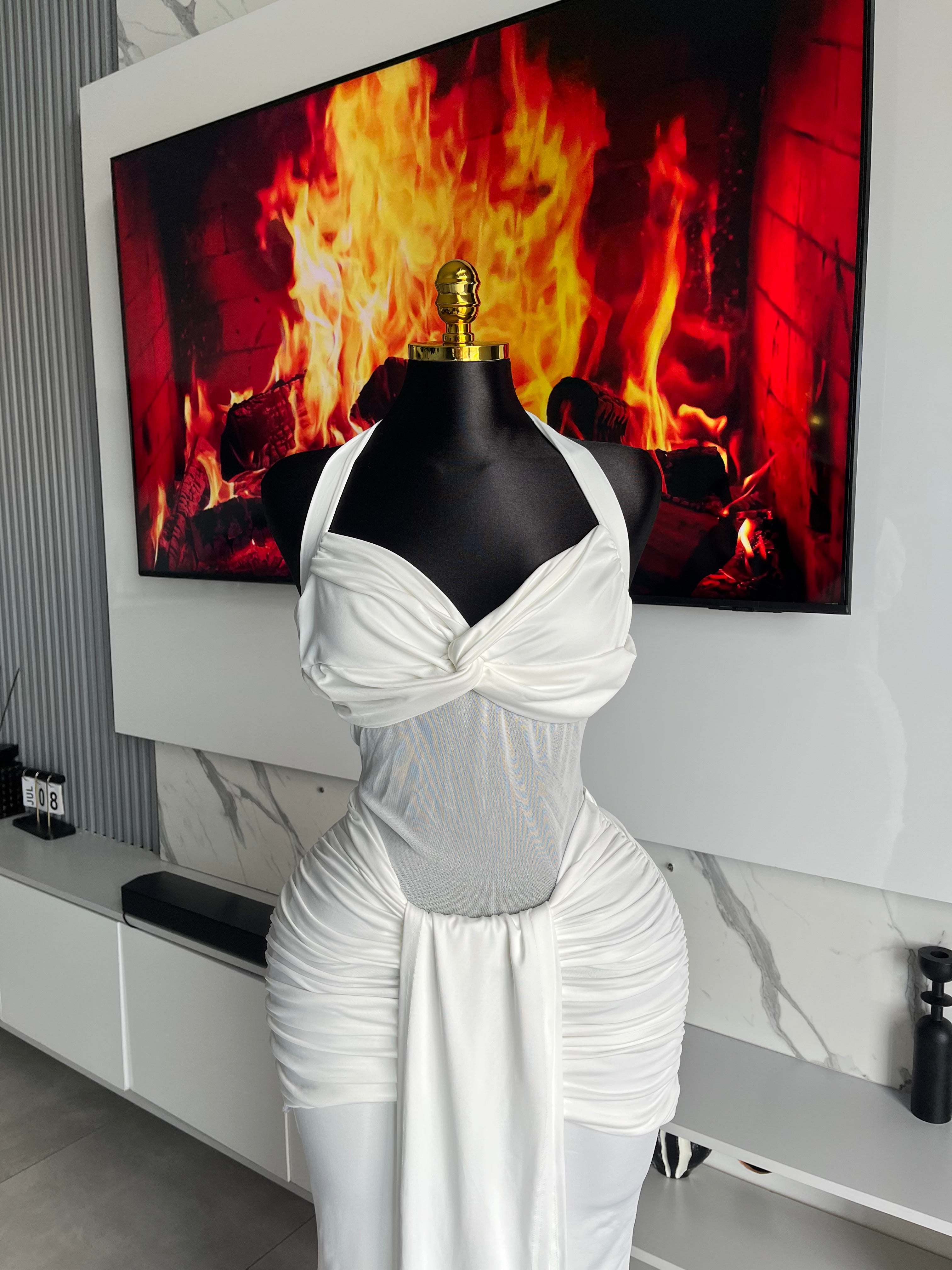 Davina Mesh Illusion Halter Gown White