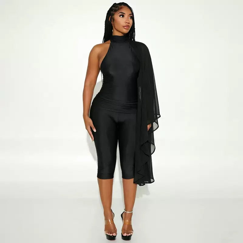 Ariya Cape Sleeve Capri Jumpsuit Black