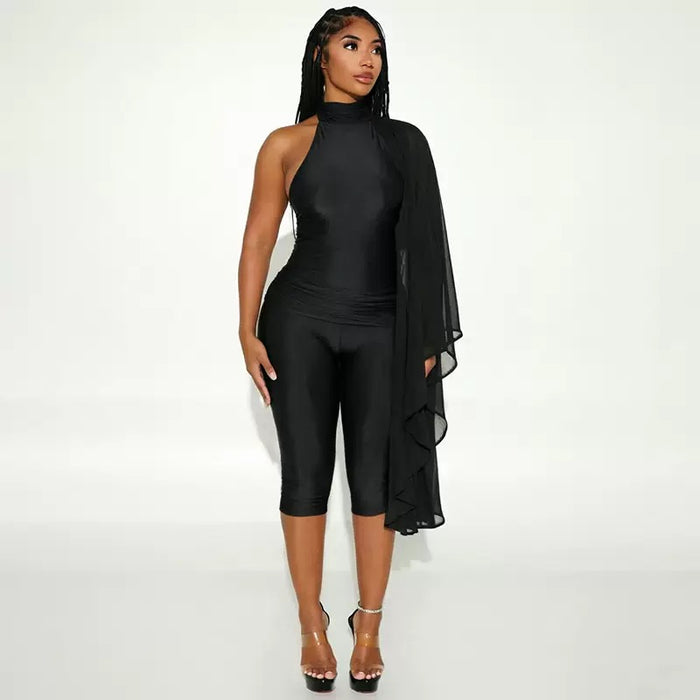 Ariya Cape Sleeve Capri Jumpsuit Black