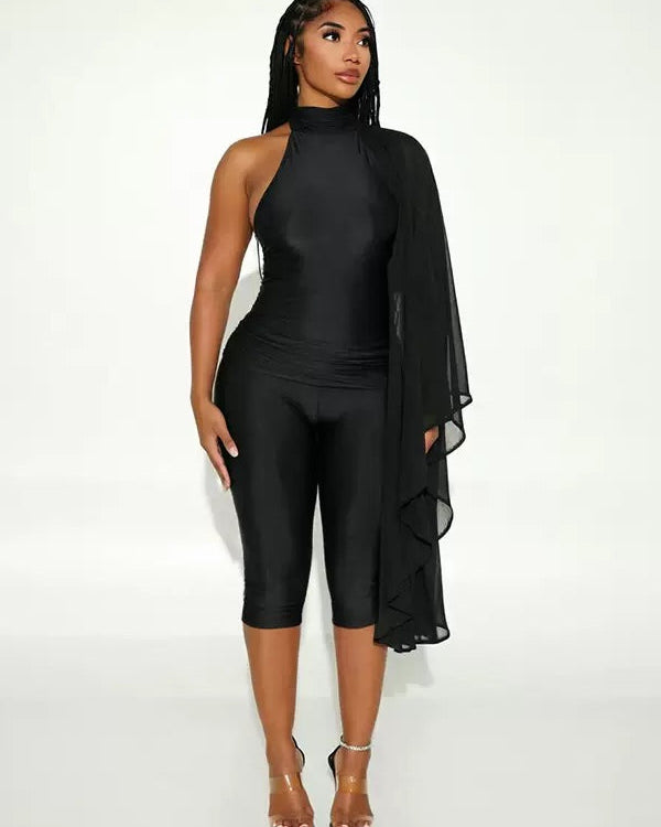 Ariya Cape Sleeve Capri Jumpsuit Black