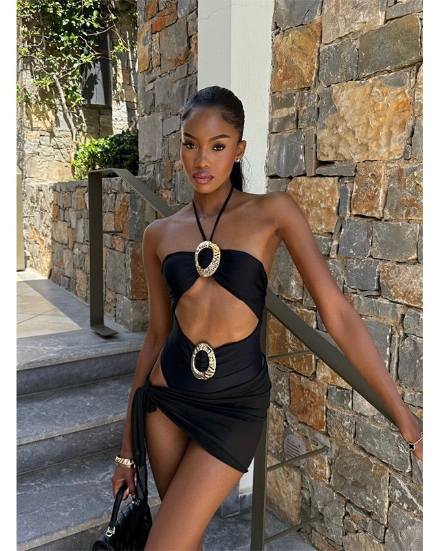 Zakia Black Cut-Out Swimsuit & Skirt Set