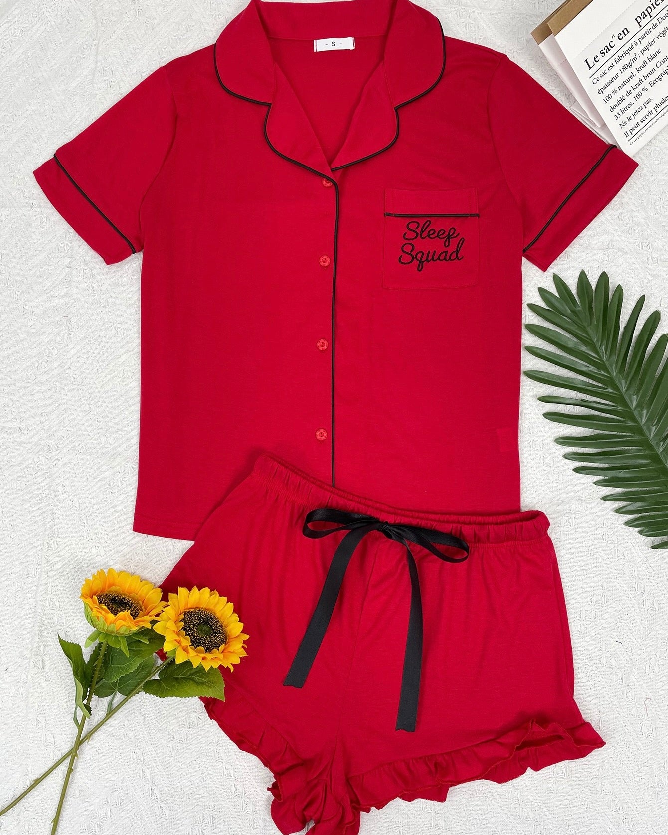 I Love Me Black Pajama Shorts Set Red