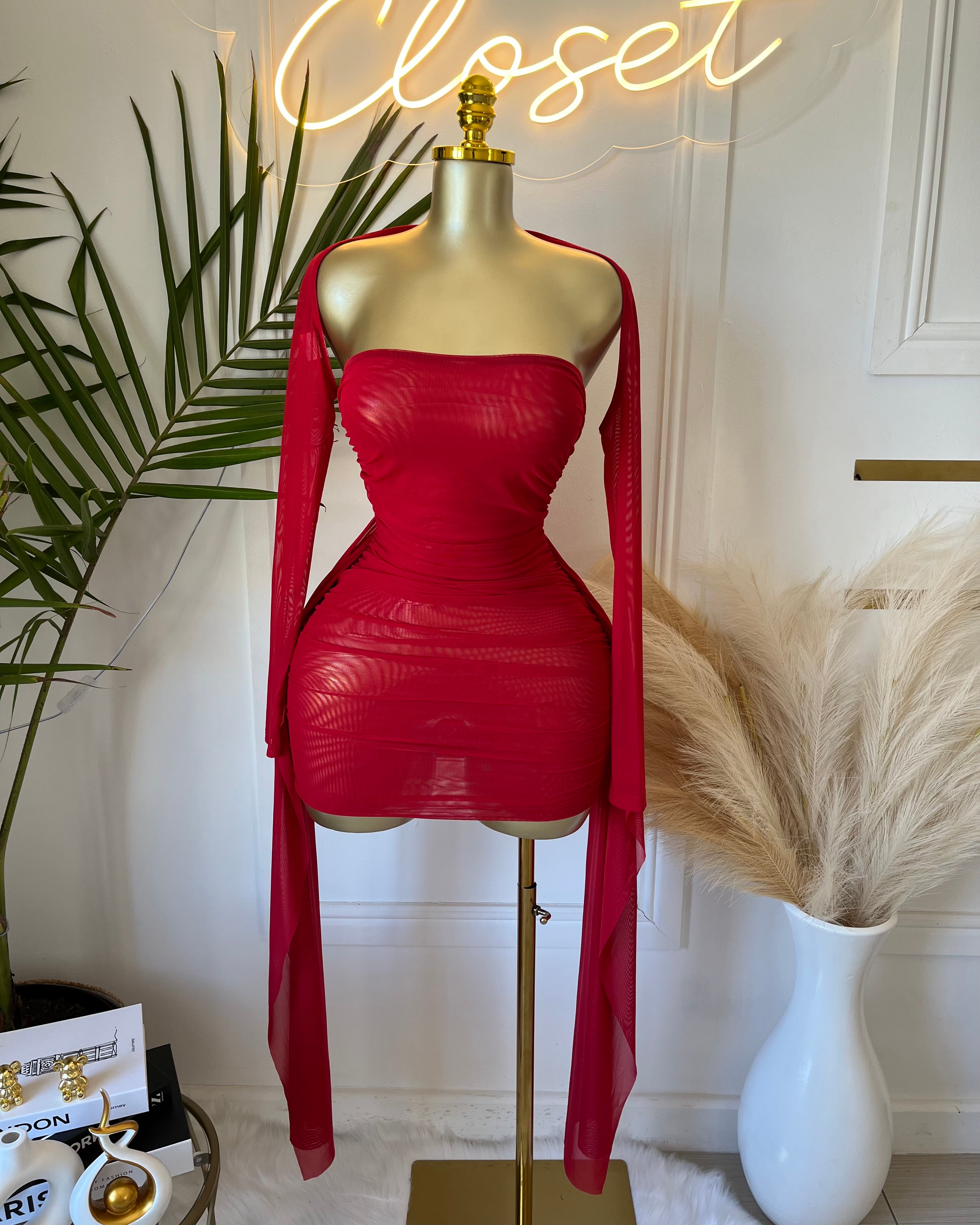 Oluna Sheer Draped Mini Dress Red