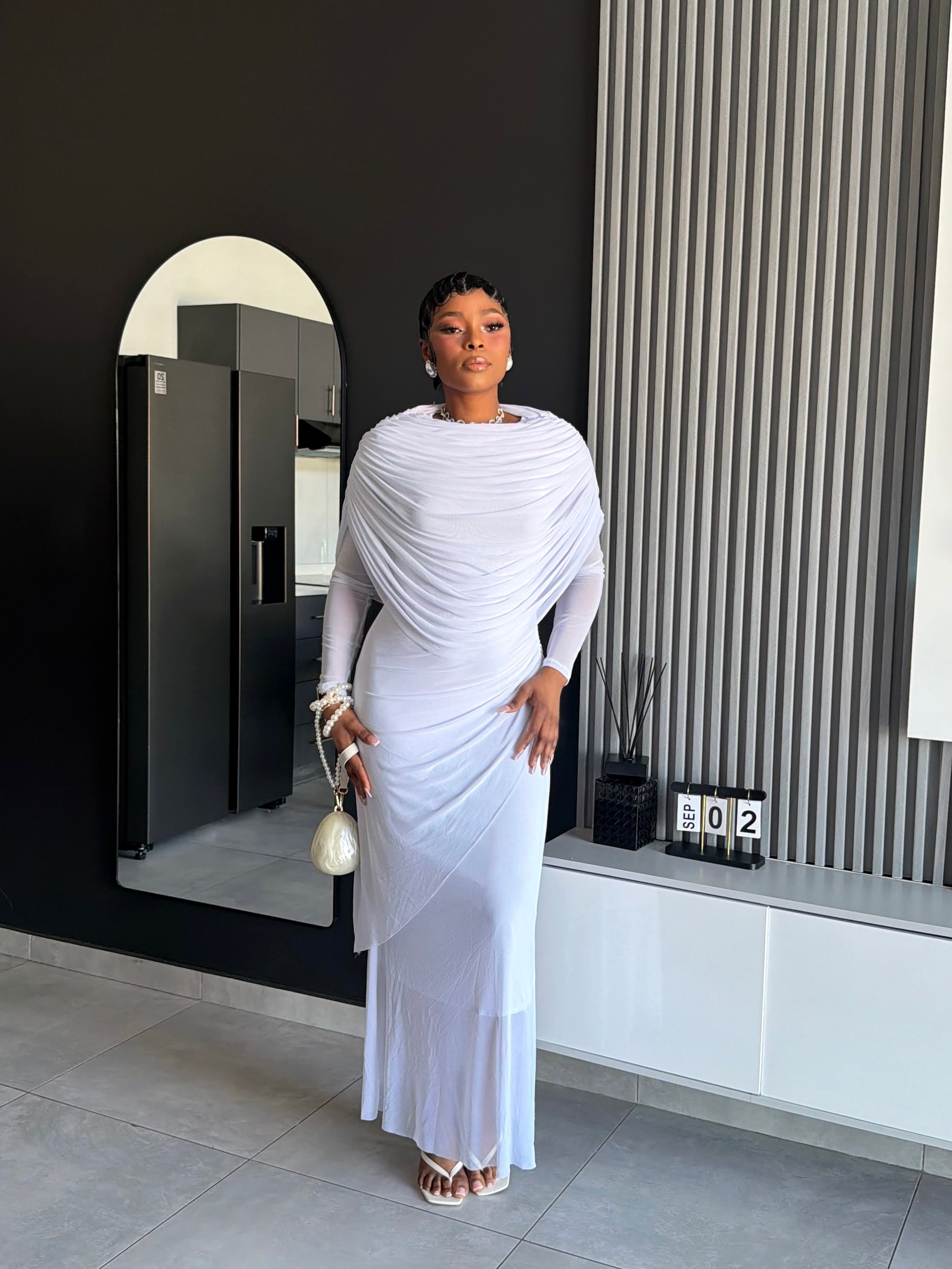 Elaris Draped Pearl Maxi Dress