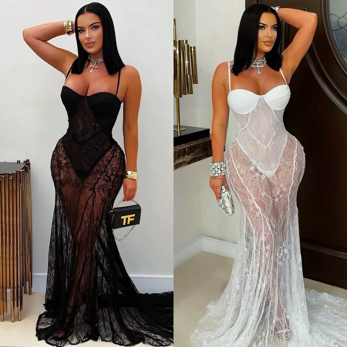 Vienna Sheer Lace Corset Maxi Dress White