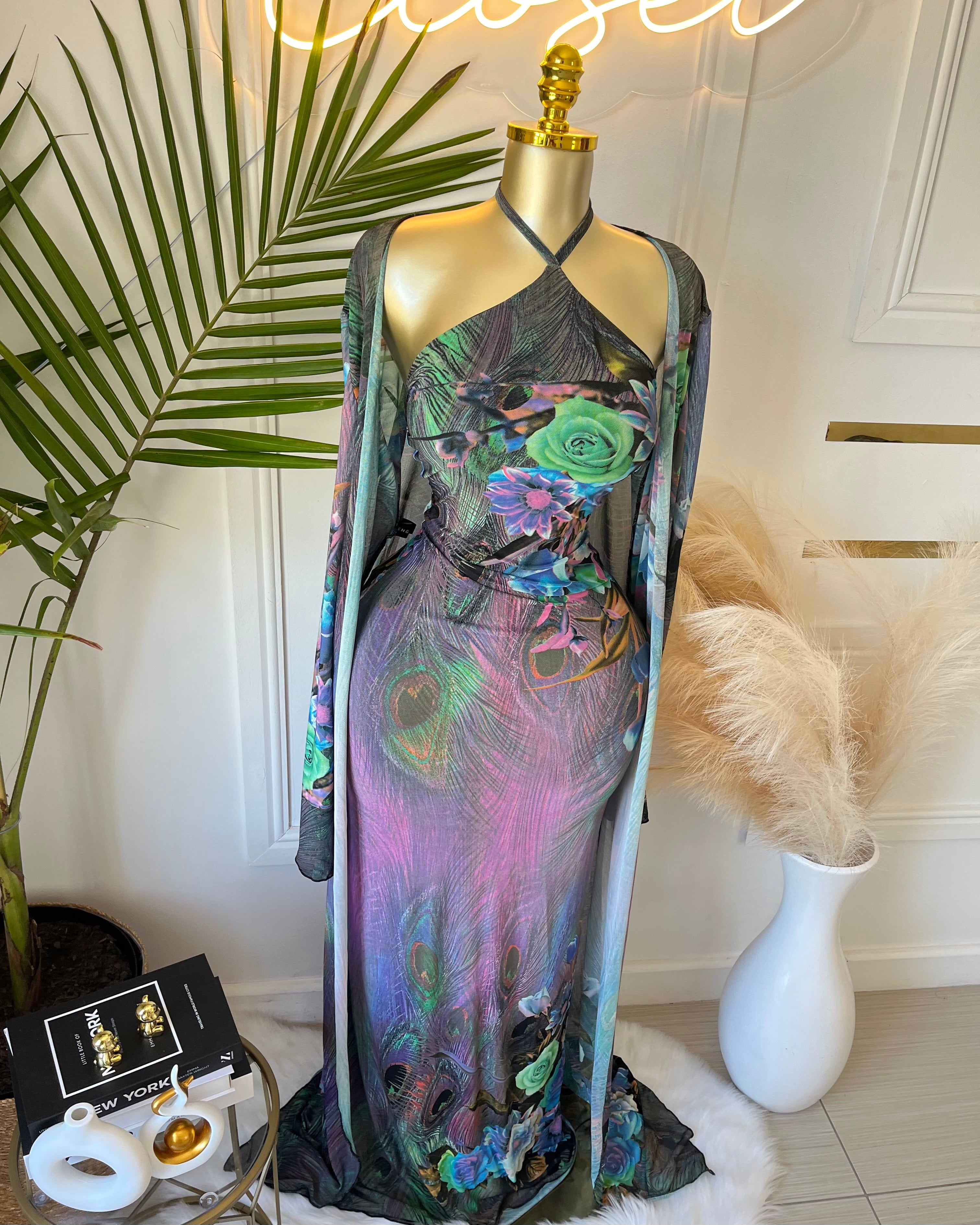 Aurelia Peacock Mesh Maxi Dress