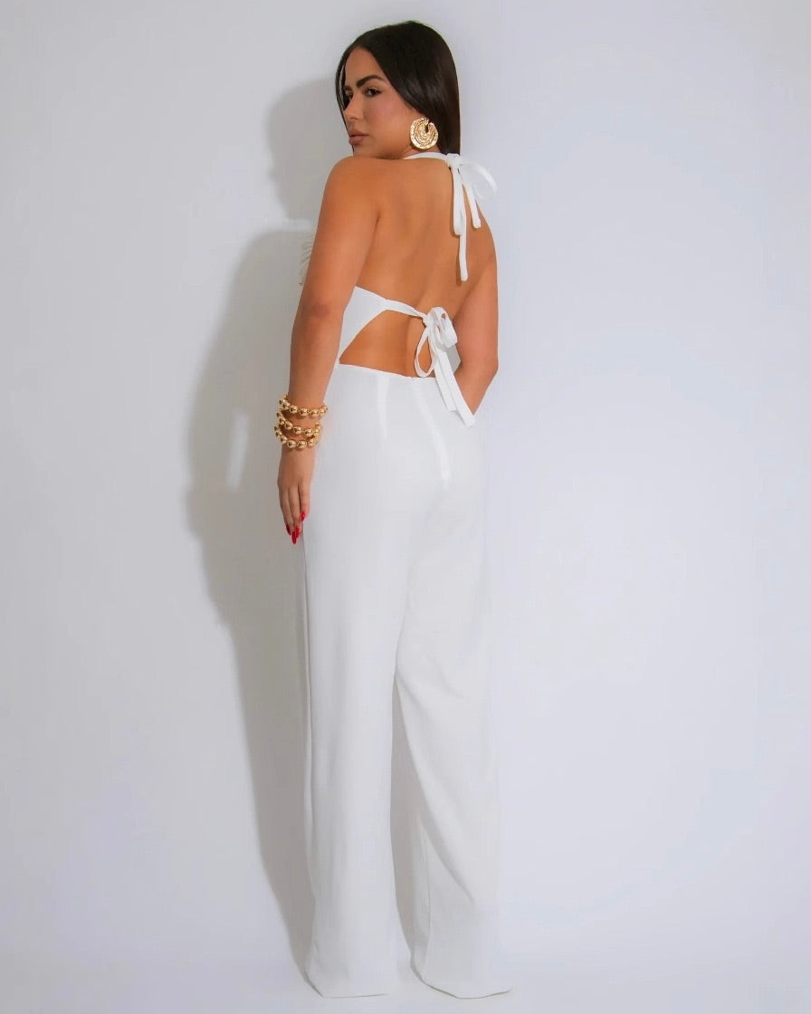 Sahara Beaded Halter Jumpsuit White