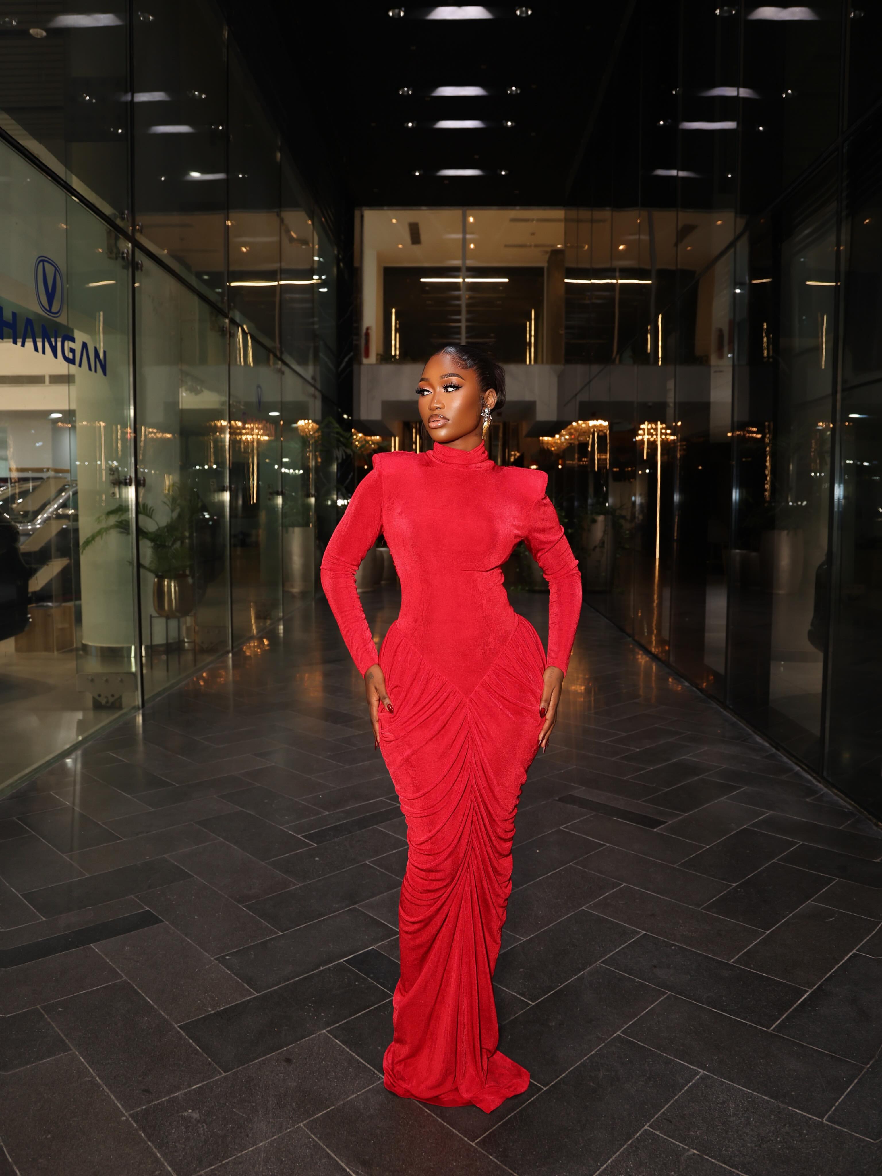 Odette Ruched High-Neck Maxi Dress Red