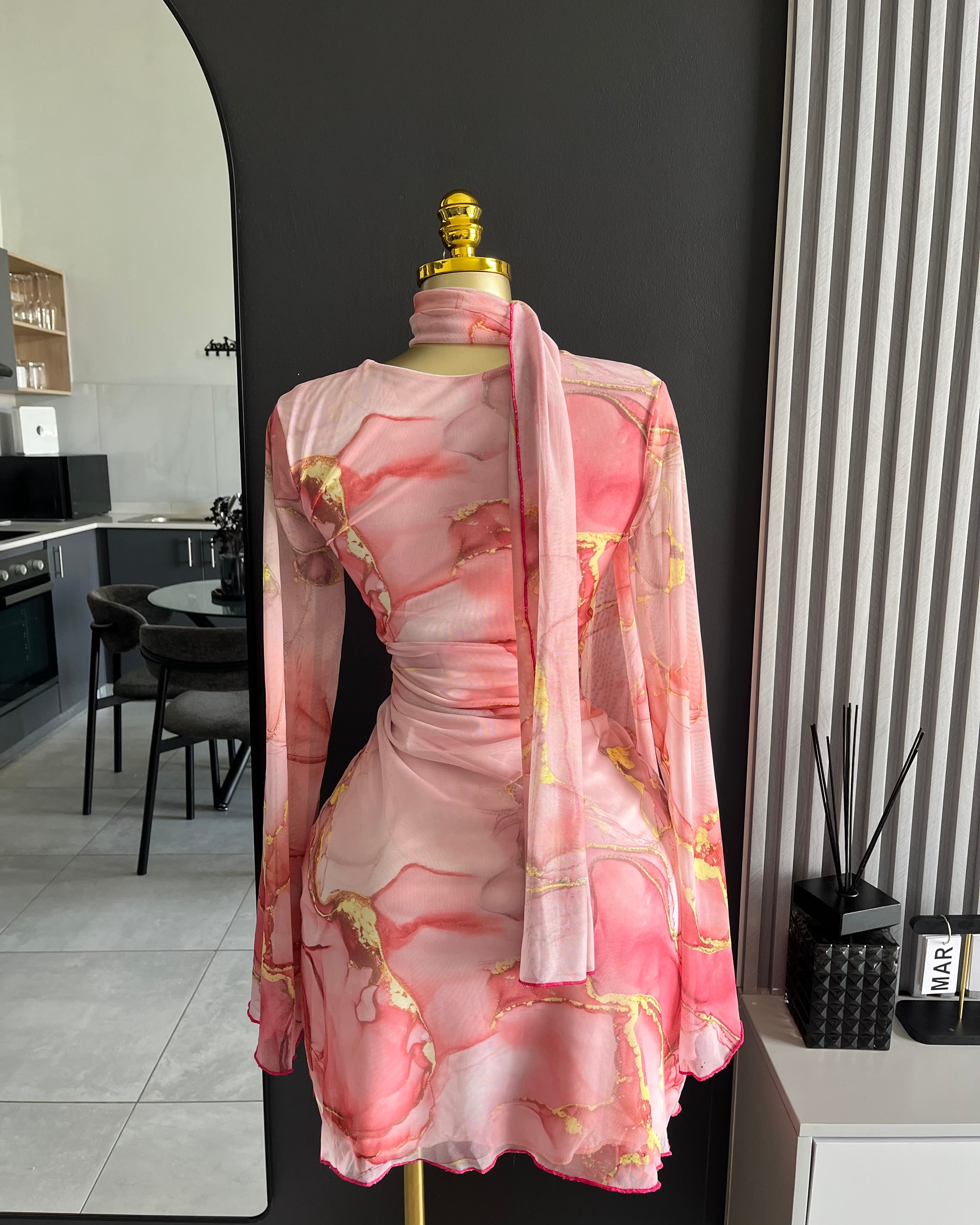 Blush Muse Mesh Mini Dress with Scarf