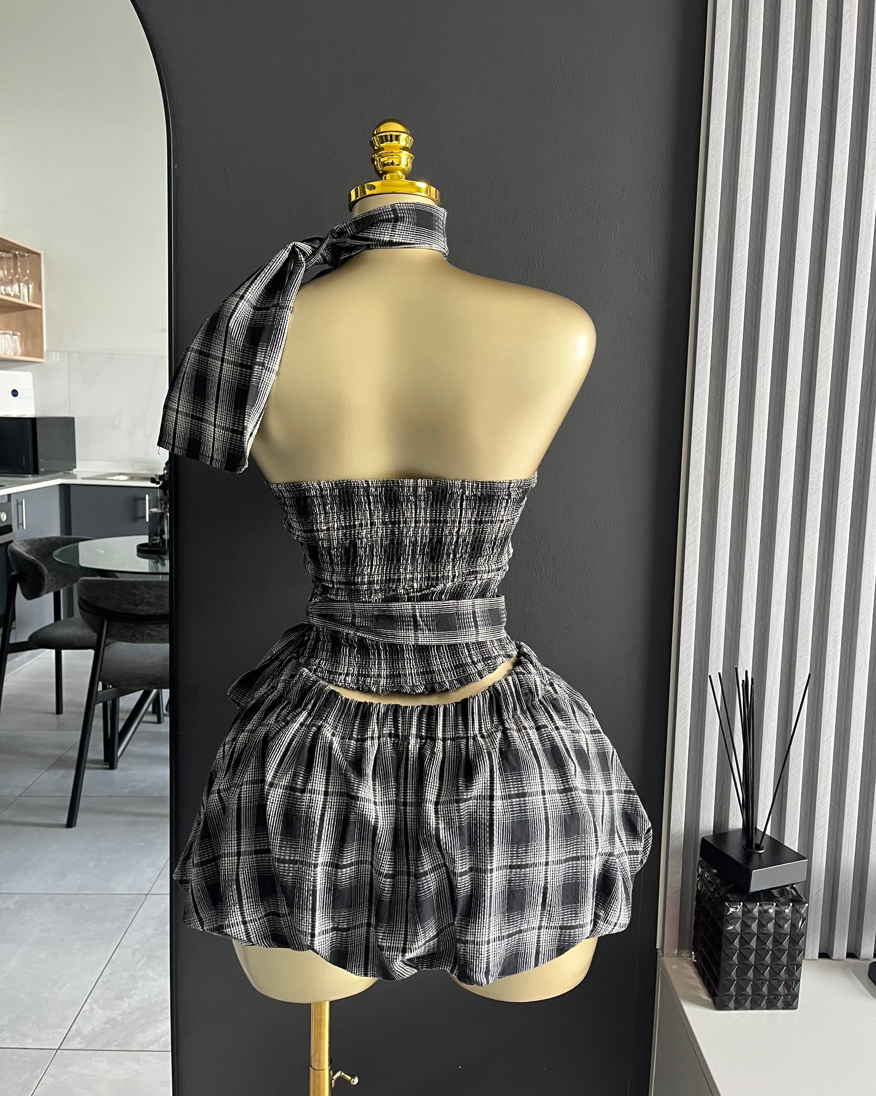 Betty Plaid Halter Ruffle Mini Skirt Set Black