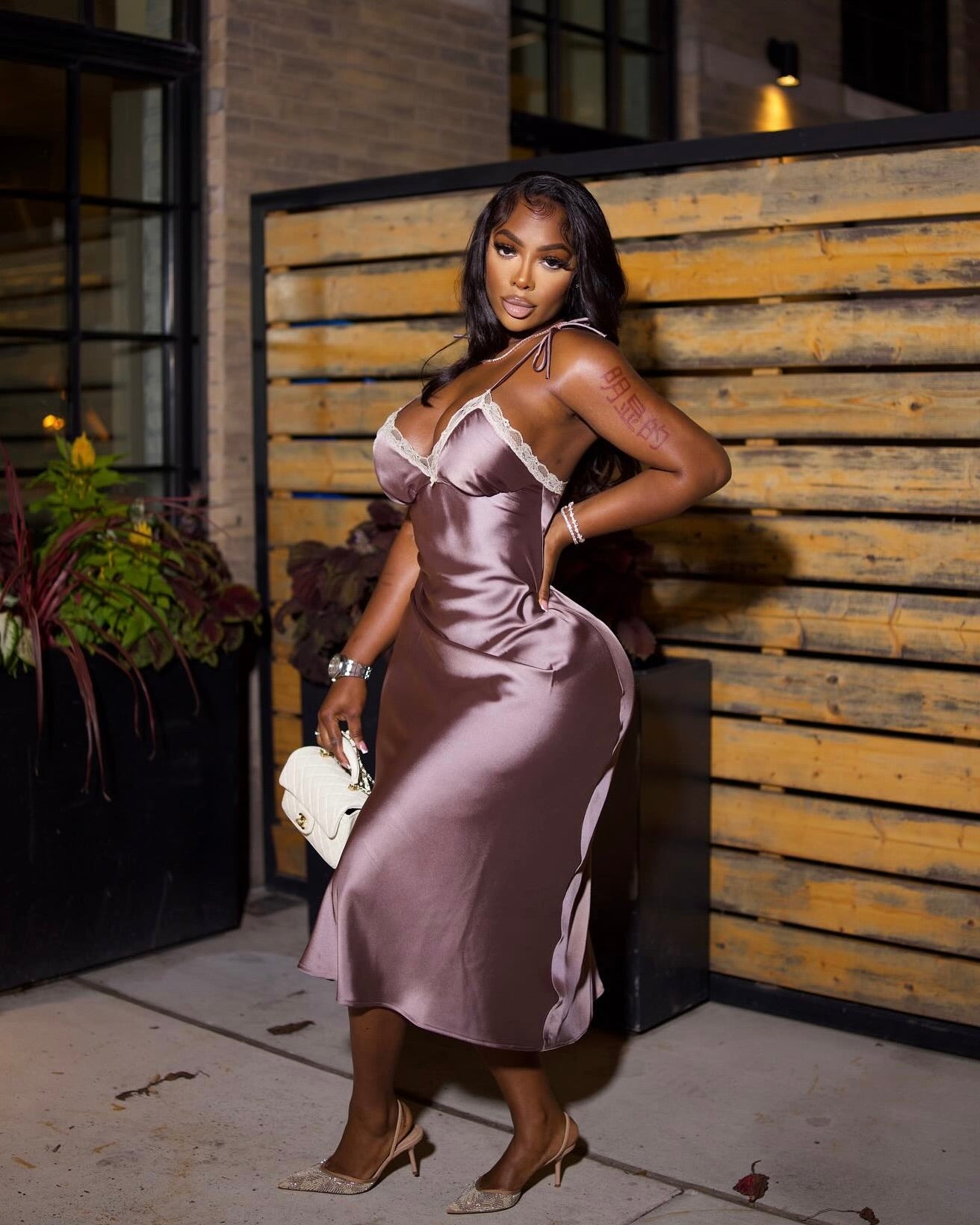 Archieves Satin Lace-Trim Midi Dress