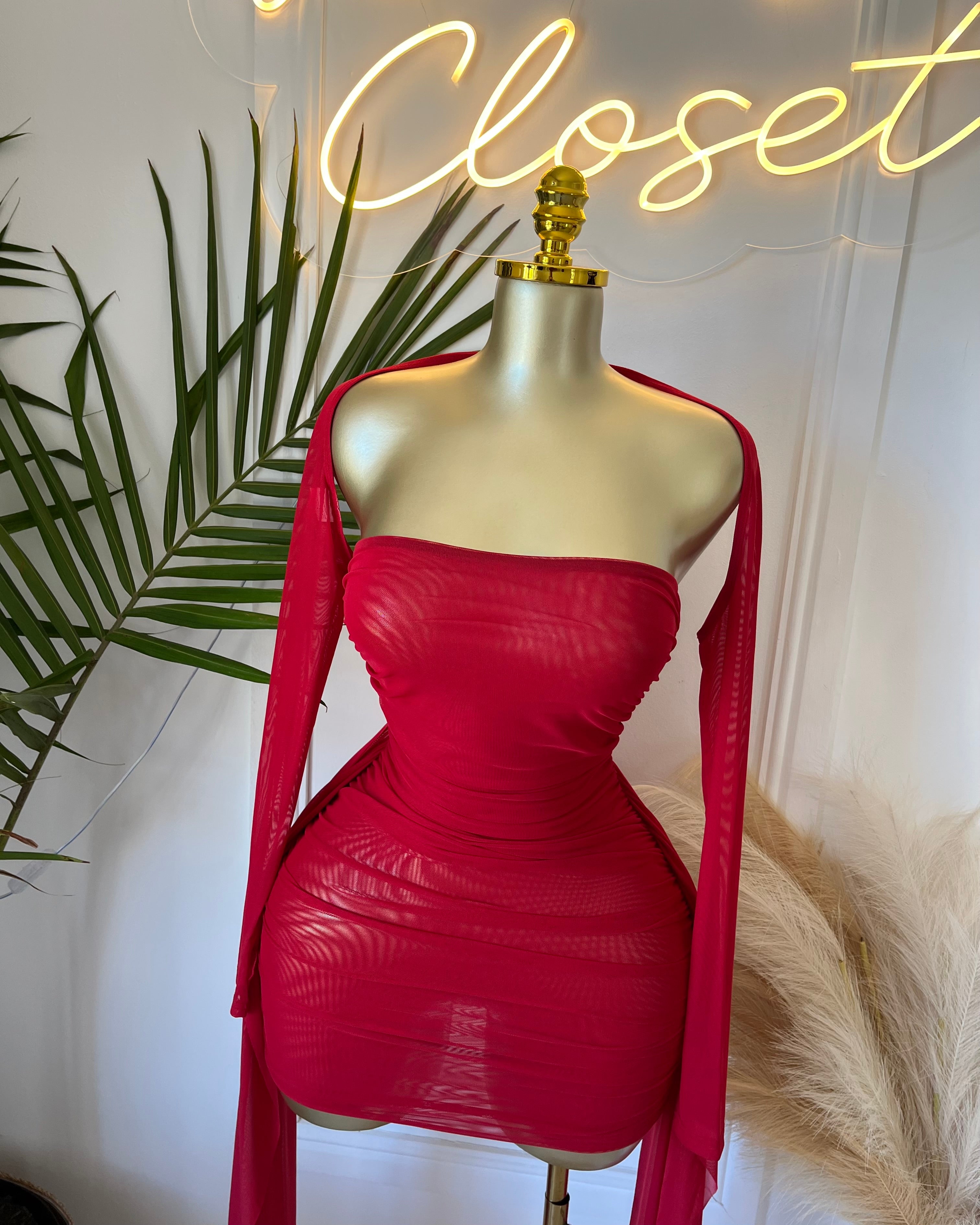 Oluna Sheer Draped Mini Dress Red