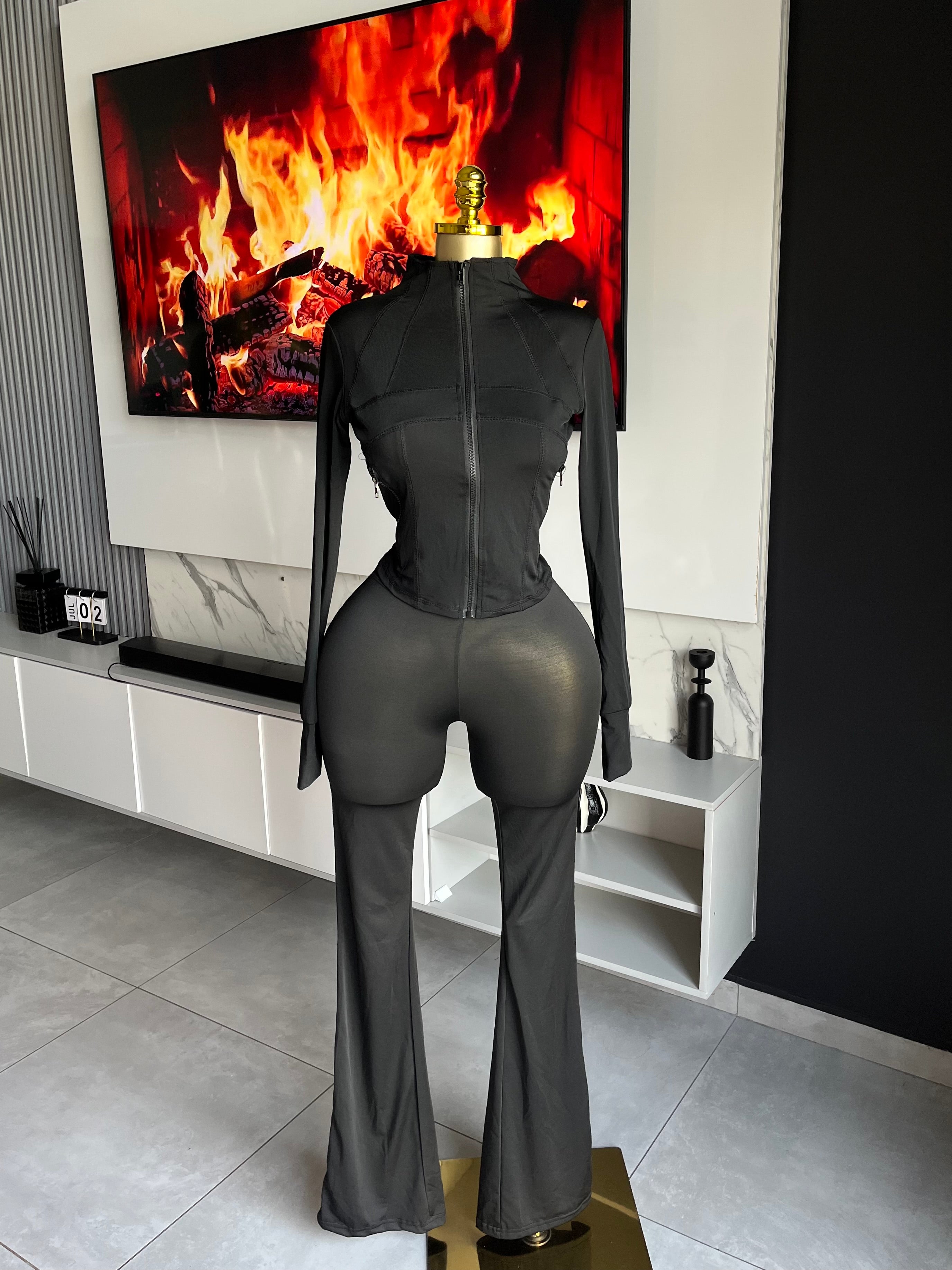 Nova Zip-Up Flare Pant Set Black